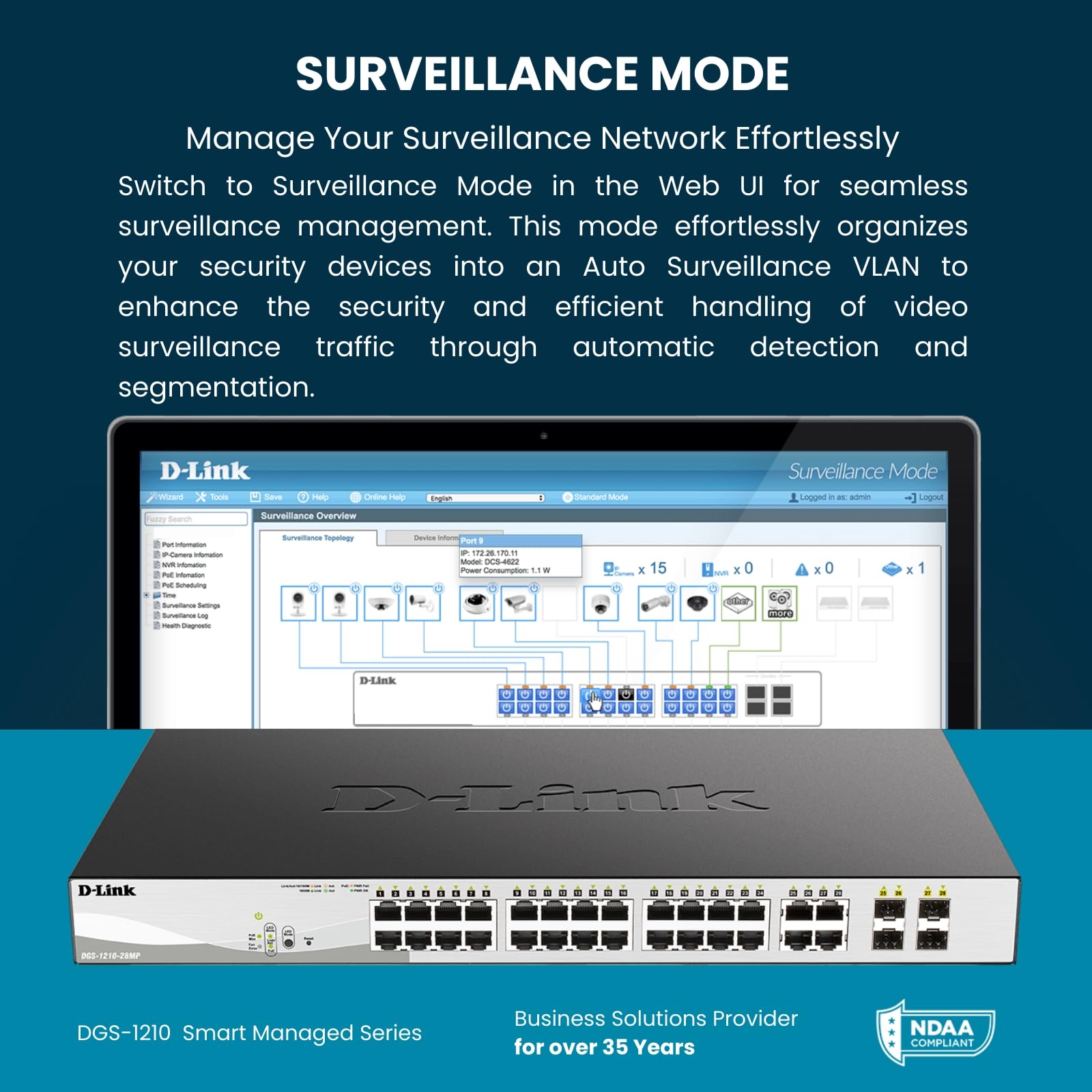 DGS-1210-28 28-Port Gigabit Smart Managed Switch | 24 Ethernet + 4 SFP Ports | Layer 2+ | VLAN Support | Network Cable Tester | Web Management | Rack Mountable | Silent Fanless Design | NDAA Certified | Lifetime Warranty | Ideal for Office Networks, Data Centers & Home Labs