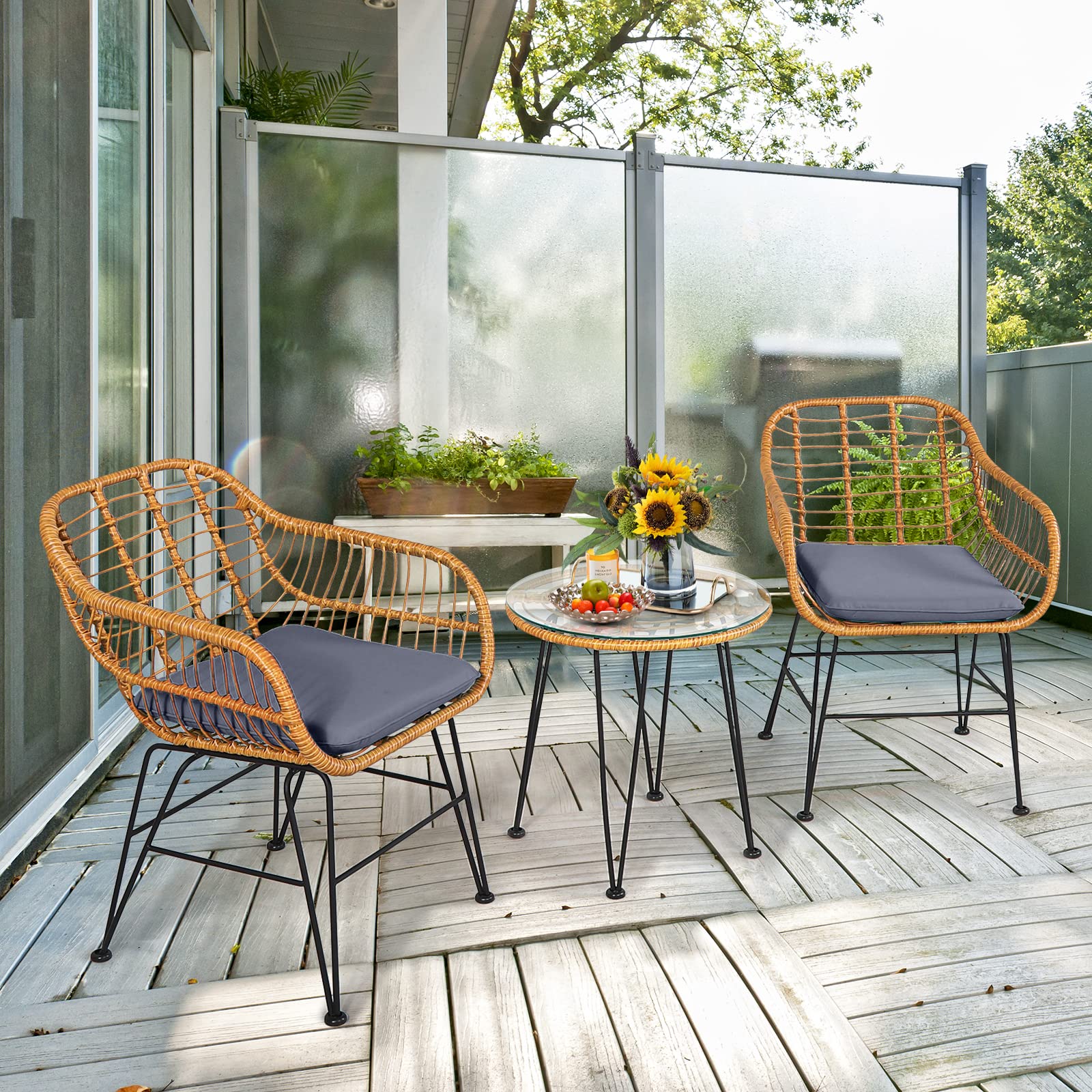 Tangkula 3-Piece Patio Bistro Set - Rattan Wicker Conversation Set with 2 Cushioned Armchairs & Round Glass Coffee Table - Indoor/Outdoor Furniture for Balcony, Backyard, Garden, Poolside - Perfect for Relaxing, Entertaining & Outdoor Dining