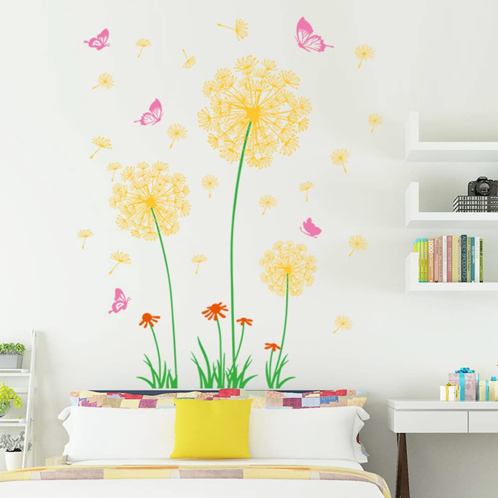 DIY Dandelion & Butterfly Wall Decals - 2 Sets Yellow Floral Stickers for Home Decor (11.81''x35.43'') - Perfect for Living Room, Bedroom, Staircase & Hallway Wall Art