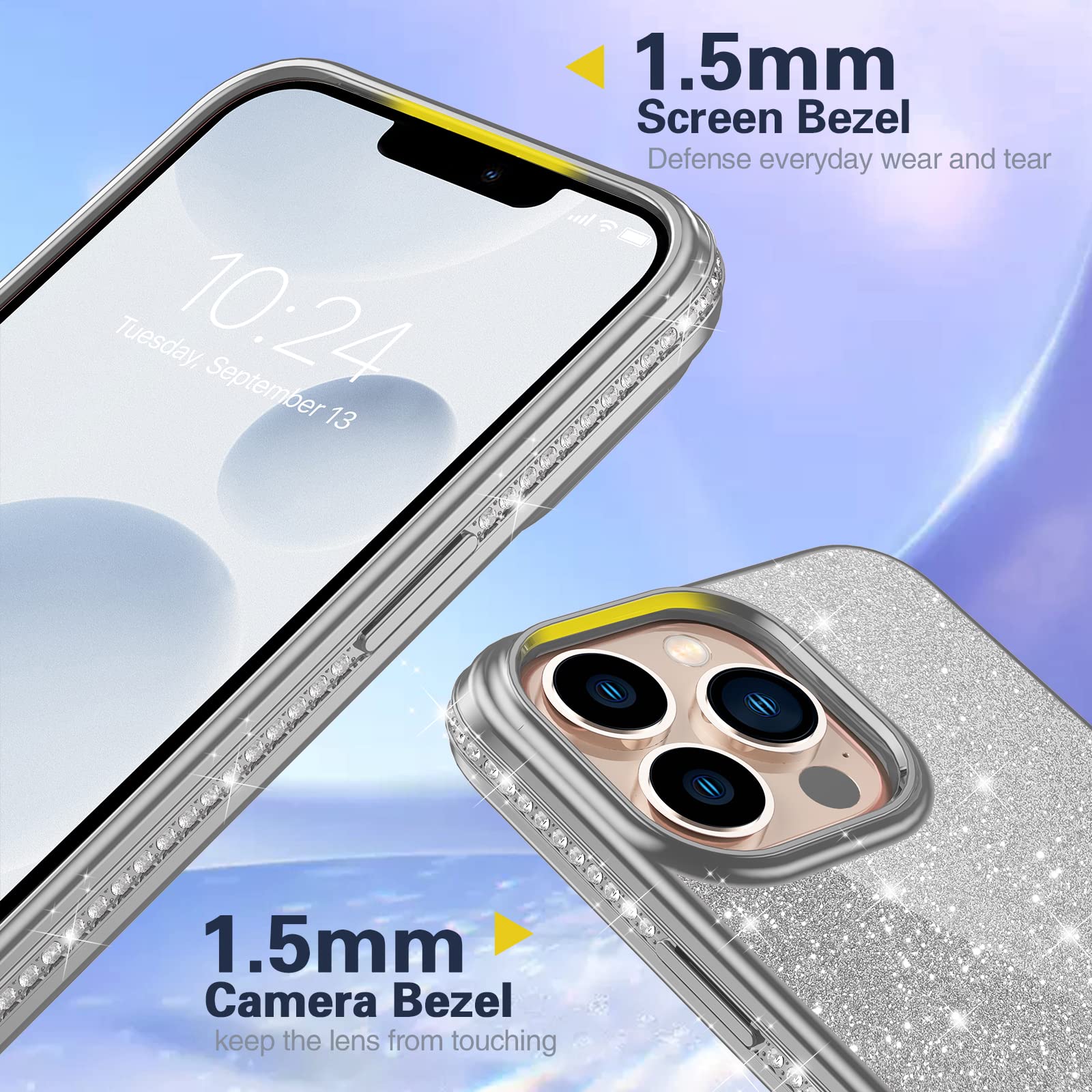 **Sparkly Glitter Luxury Diamond iPhone 13 Pro Max Case – Cute Bling Cover for Women & Girls, Anti-Scratch, Shockproof, Slim Fit Protective Phone Case (Silver) – Perfect for Parties, Daily Use & Gifts**