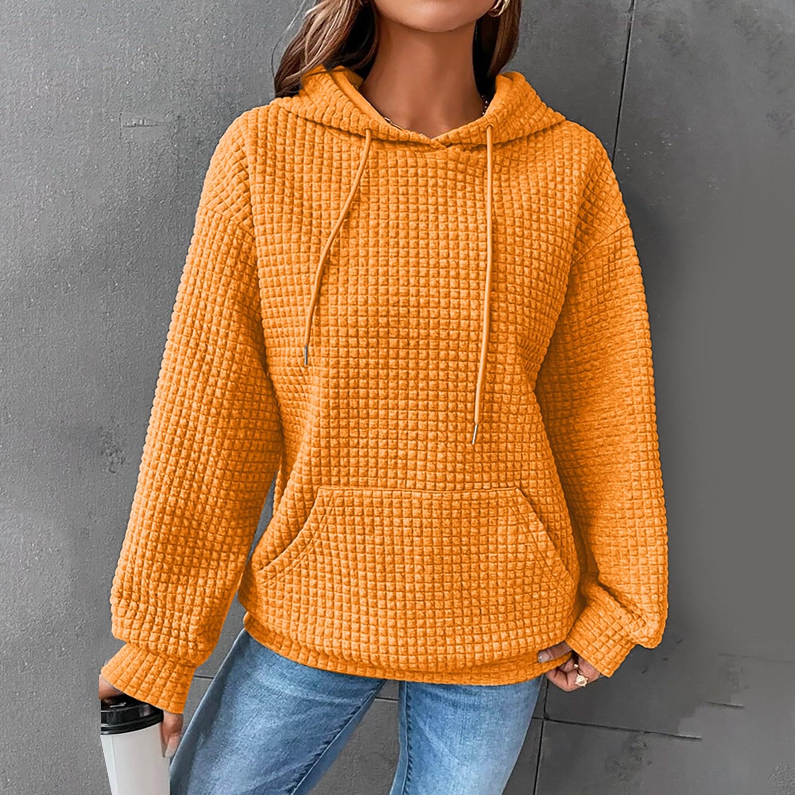 Ogiraw Women's Waffle Knit Hoodie with Drawstring & Pocket - Trendy Pullover Sweatshirt for Fall Winter Fashion | Casual Outfit for Daily Wear, Travel & Outdoor Activities