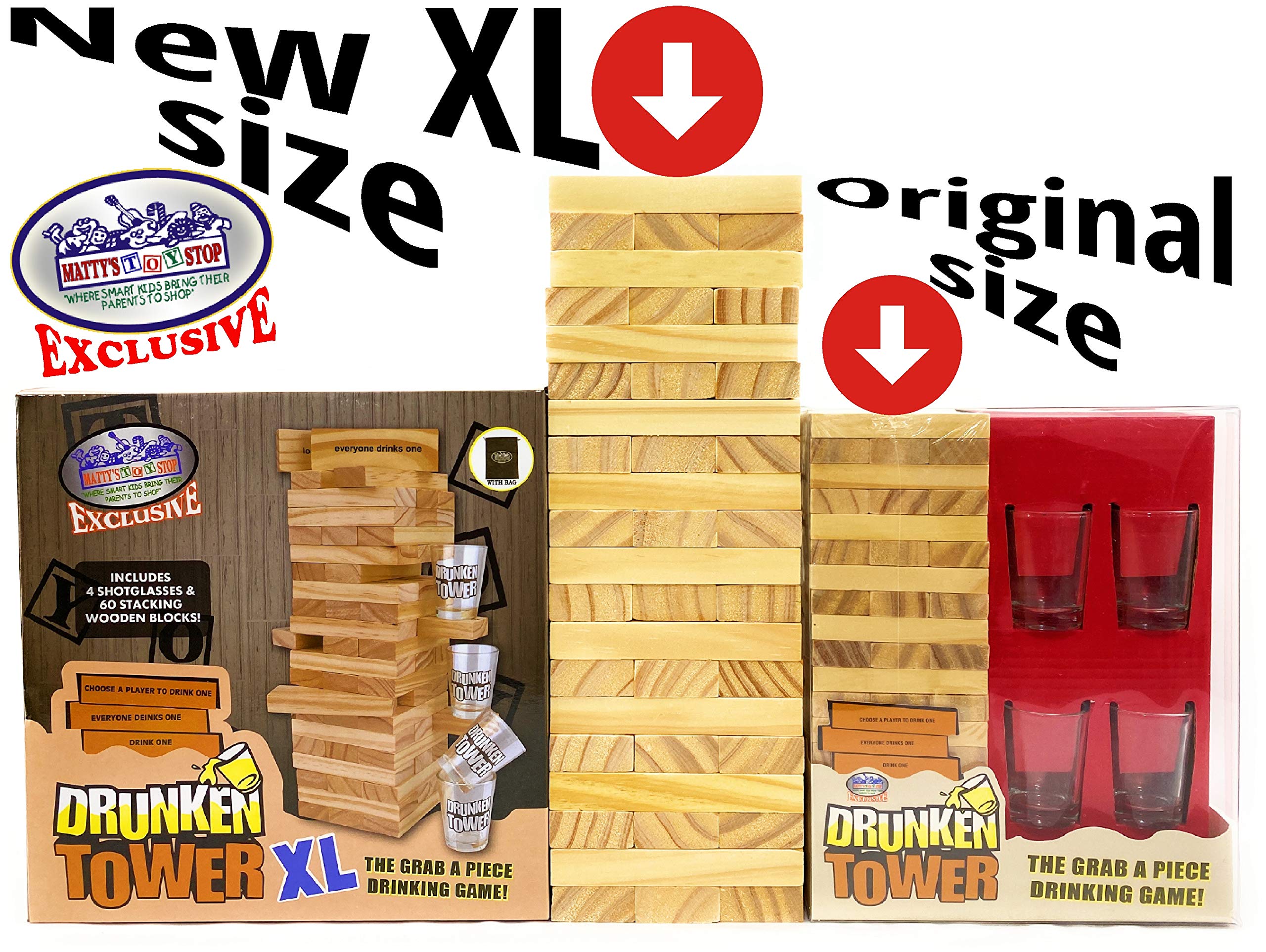 Matty's Toy Stop Deluxe 60-Piece XL Wooden Drunken Tower Game Set with Shot Glasses & Storage Bag - Fun Adult Drinking Party Game for Bars, Game Nights & Social Gatherings
