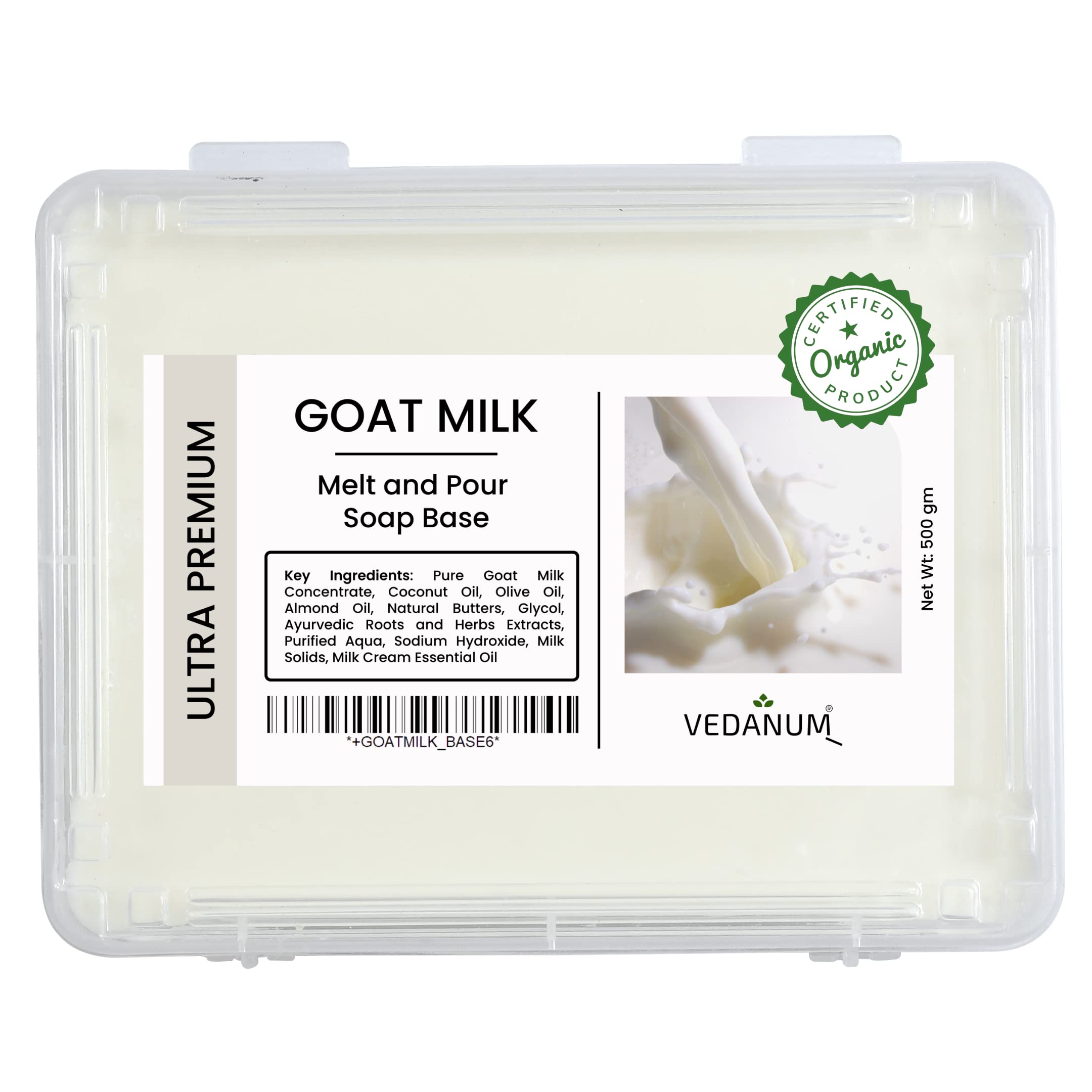 Vedanum Ultra Premium Goat Milk Melt and Pour Soap Base - 500g, SLES & SLS Free, Paraben Free, Organic Vegan Ingredients - Perfect for DIY Soap Making, Handcrafted Gifts & Spa Treatments