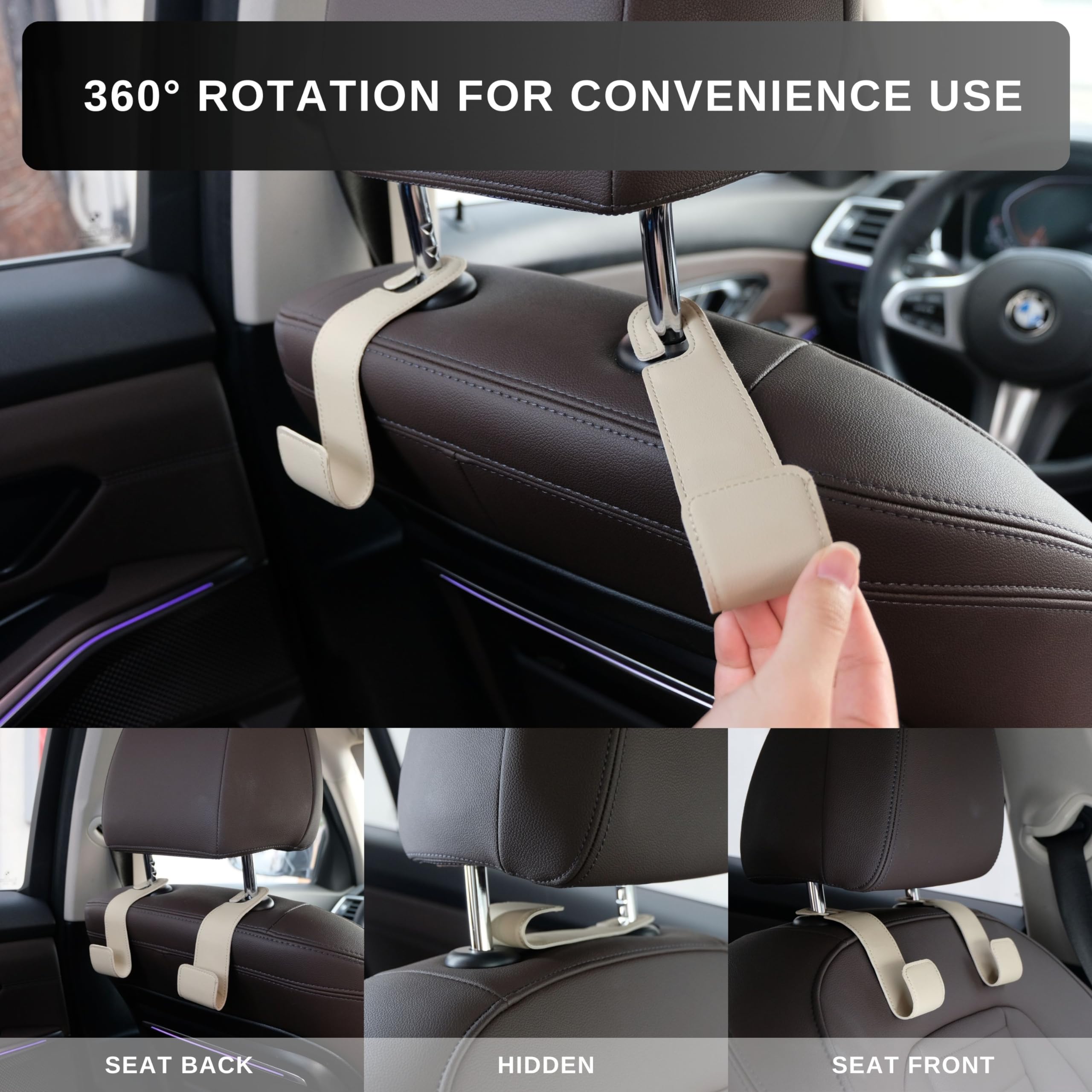 Upgraded 2-Pack Car Seat Hooks - Leather Purse Holder for Car Back Seat, Car Organization Accessories for Hanging Bags & Purses (Beige) - Perfect for Shopping, Commuting & Road Trips