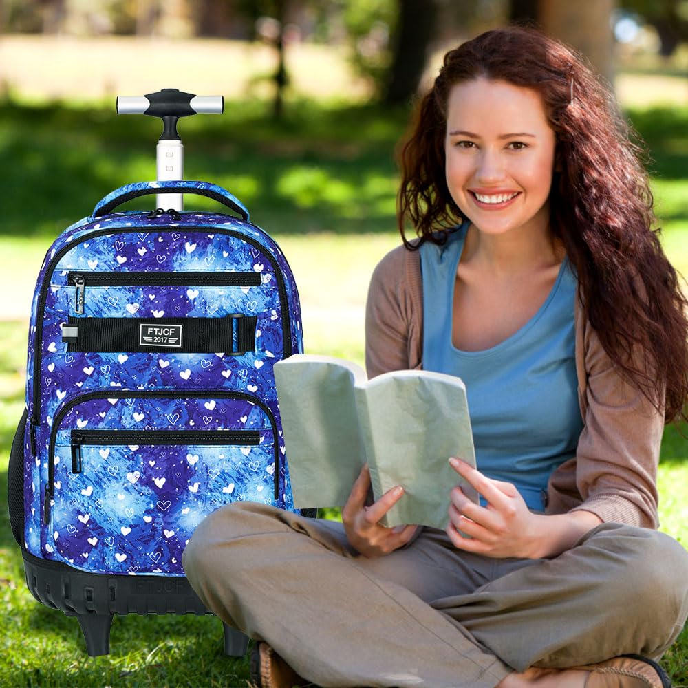 3Pcs Rolling Backpack for Girls & Women - 19 Inch Wheeled Bookbag with Lunch Box & Wheels - Perfect for School, Travel & Work (Blue)