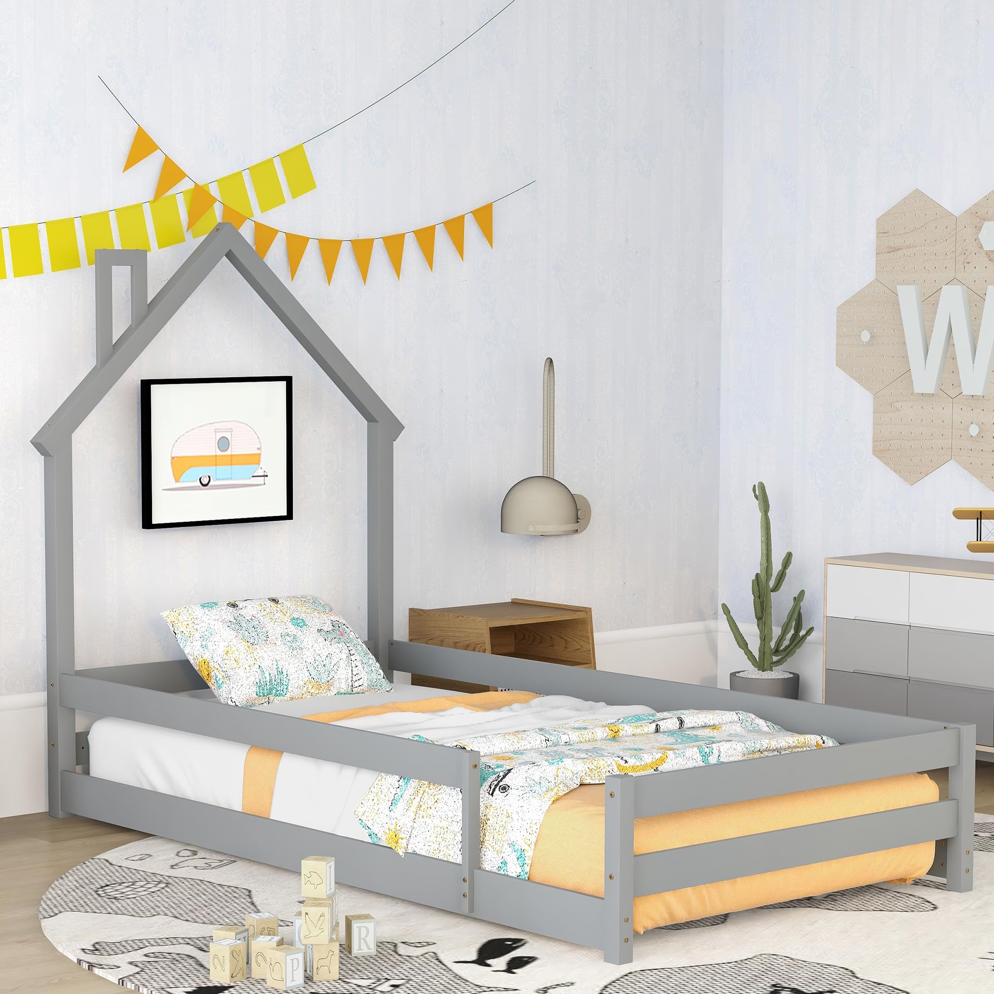 Bellemave Twin Size Wooden Montessori House-Shaped Headboard Floor Bed with Safety Fences for Kids - Gray Toddler Bed Frame for Girls & Boys | Perfect for Montessori Bedrooms, Playrooms & Safe Toddler Sleep Spaces