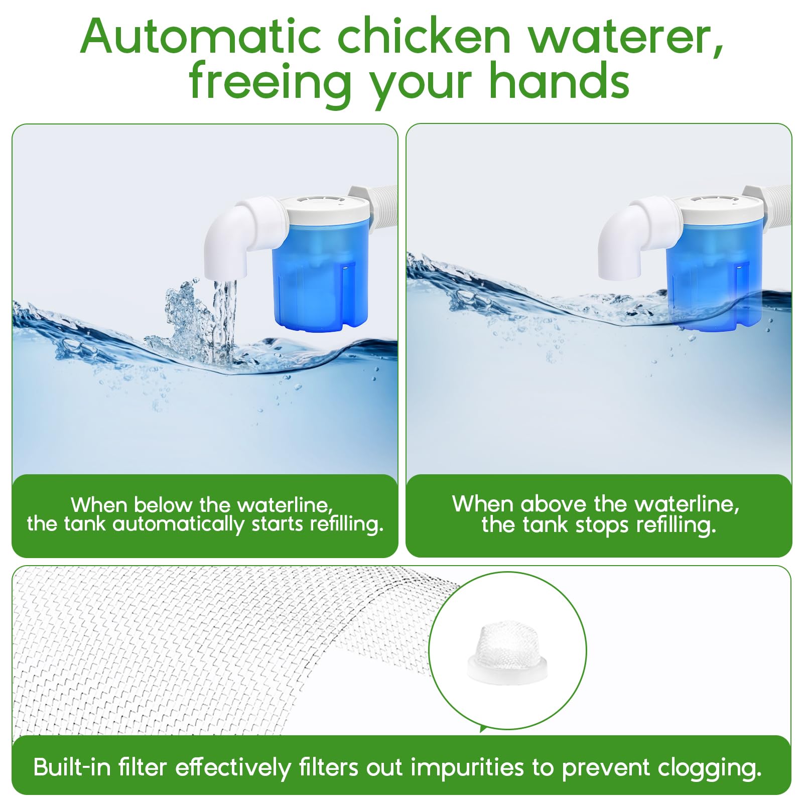 Automatic Chicken Waterer Kit - Filtered Float-Controlled Poultry Water Feeder with Stainless Steel Hose for Large Chicken Coops | Perfect for Backyard Farms, Homesteads & Poultry Raising