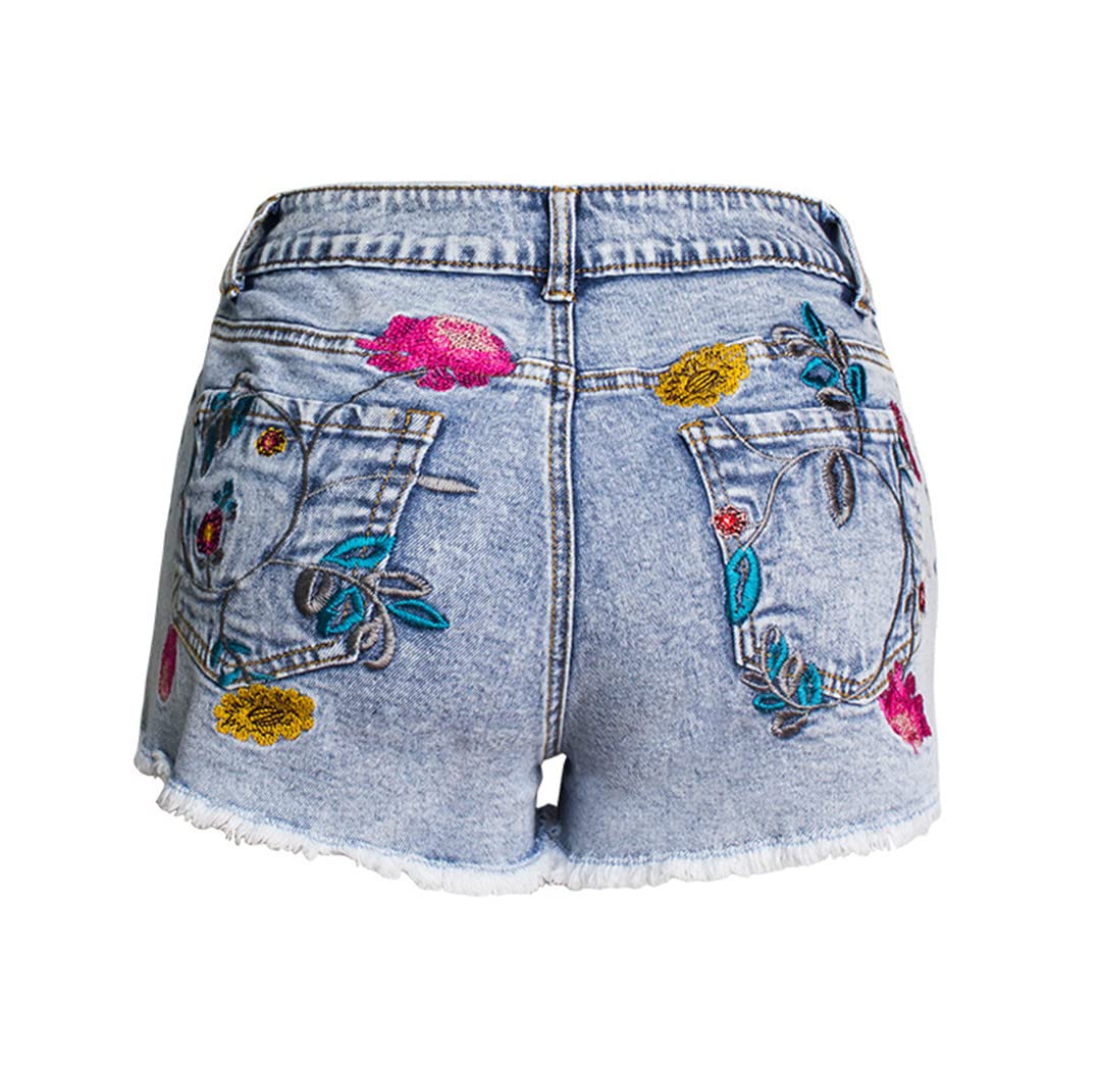 Women's High Waist Embroidered Flower Denim Shorts - Summer Fashion Short Jeans for Casual Outfits, Beach Wear & Street Style