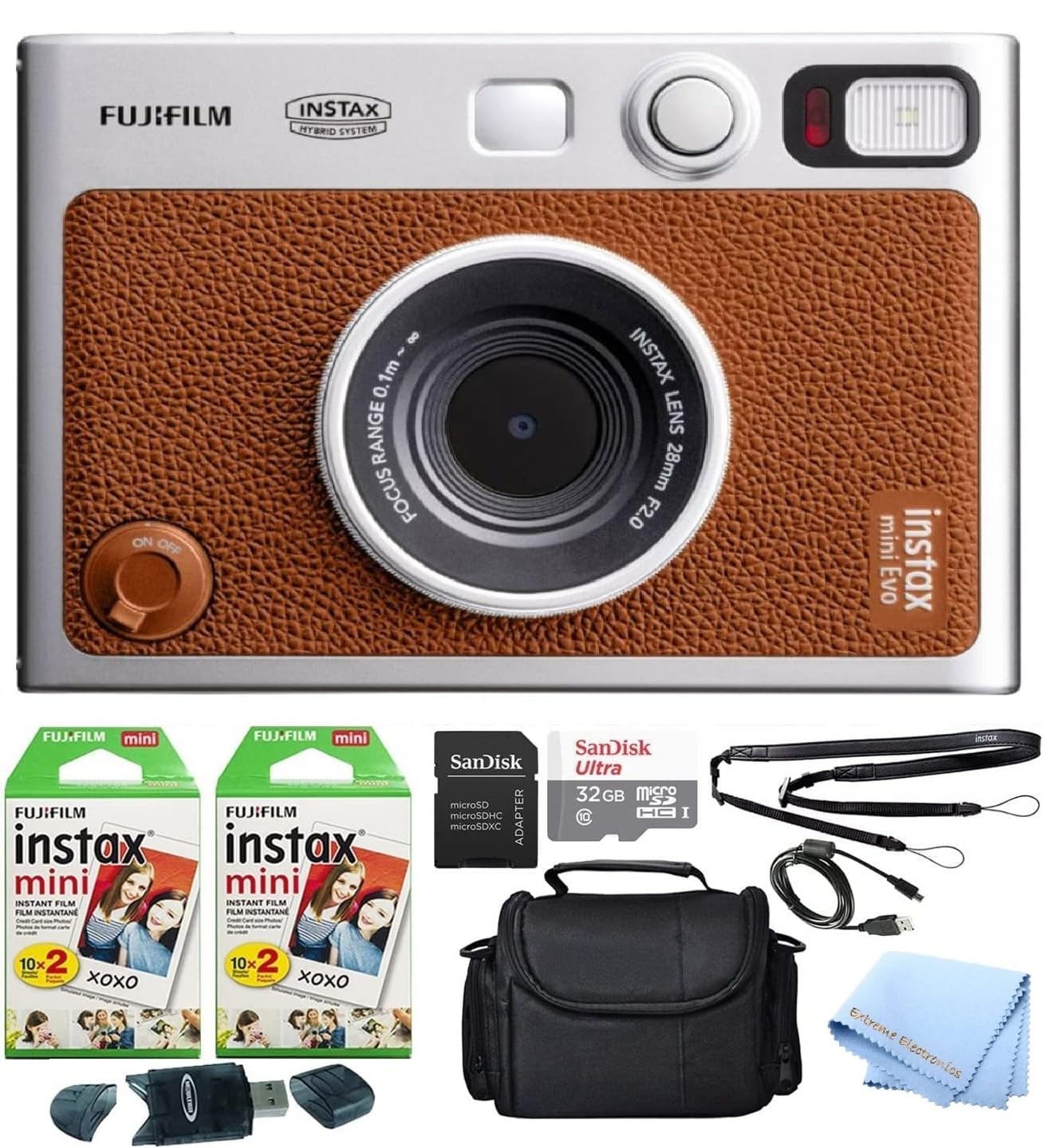 Fujifilm Mini EVO Hybrid Instant Film Camera (Brown) with 40 Sheets Film, 32GB microSD Card, Case & Accessories – Perfect for Travel, Parties & Creative Photography
