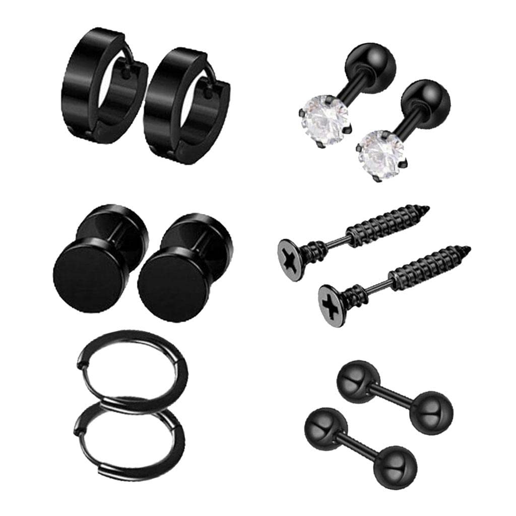 Bonarty 6 Pairs Stainless Steel Stud Earrings for Women - Black Tragus, Helix, Cartilage Ear Piercing Jewelry | Hypoallergenic & Comfortable for Daily Wear, Parties & Gifts