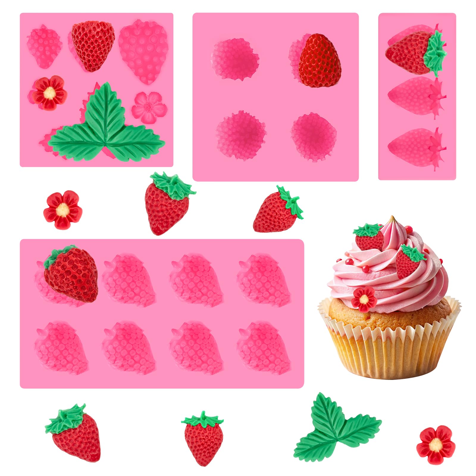 4 Pcs Silicone Strawberry Fondant Molds - 3D Fruit Molds for Candles, Cupcake & Cake Decorations - Chocolate, Clay & Wax Making Tools - Perfect for DIY Baking, Soap & Candle Crafts