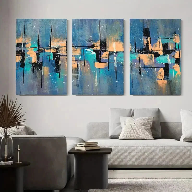 3-Piece Abstract Blue and Orange Geometric Metal Wall Art - Ready to Hang Modern Home Decor for Living Room, Bedroom & Office