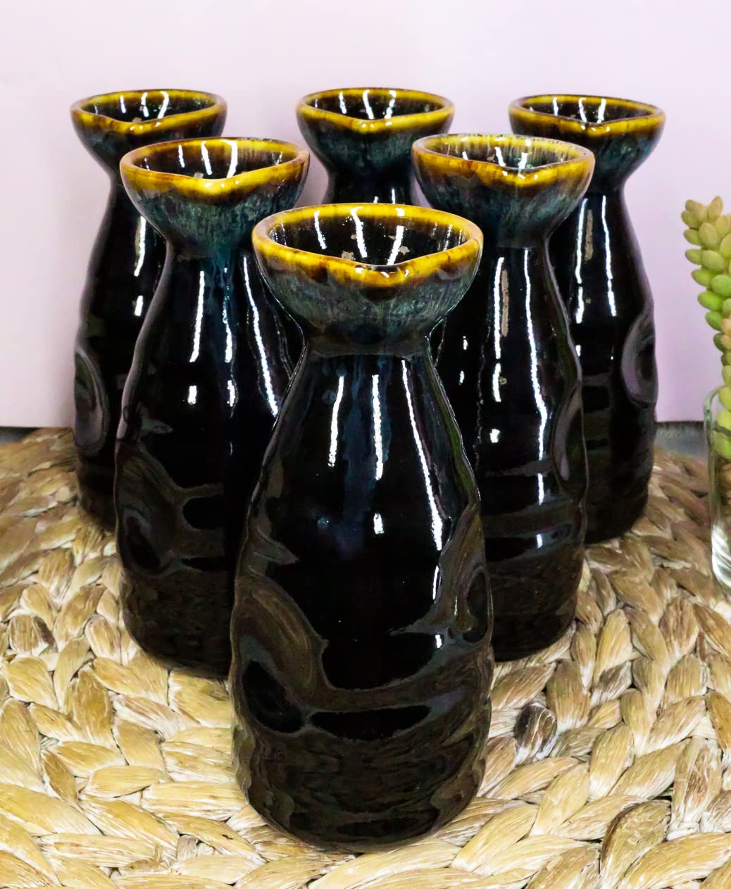 Ebros Gift Set of 6 Contemporary Brown & White Glazed Ceramic Japanese Sake Tokkuri Flasks with Heaven and Earth 'Ten To Ji' Design - Perfect for Sake Serving, Home Bar Decor, and Asian Dining Experience