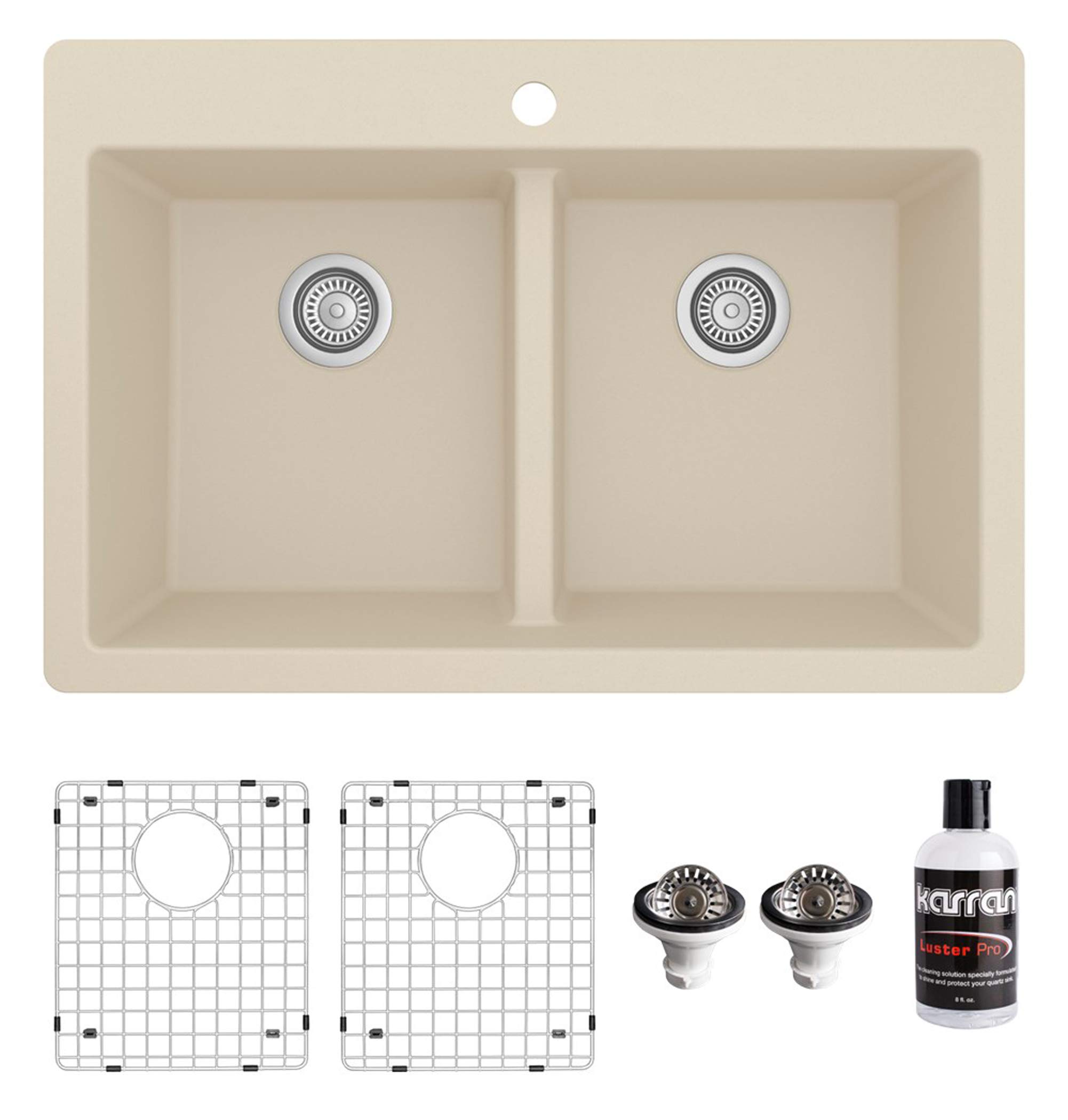Karran QT-810 33-Inch Top Mount Double Equal Bowl Quartz Composite Kitchen Sink Kit in Bisque Color - Perfect for Modern Kitchens, Remodeling & Heavy-Duty Cooking