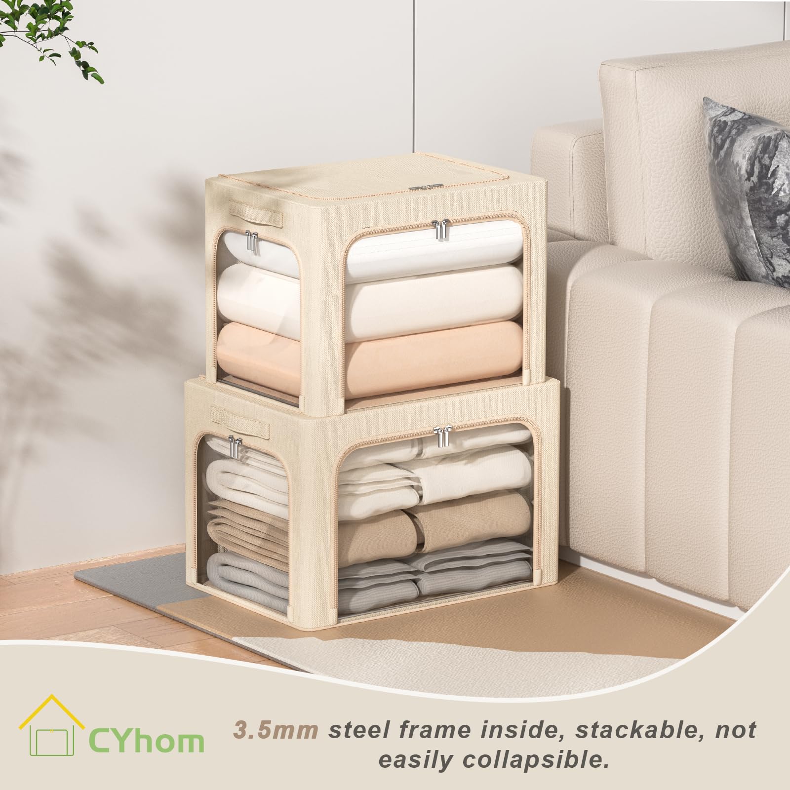 3-Pack Stackable Foldable Storage Bins with Clear Window & Carry Handles - 36L Metal Frame Clothing Organizer Box (15.7x11.8x11.8in, Beige) for Closet, Nursery, or Office Organization