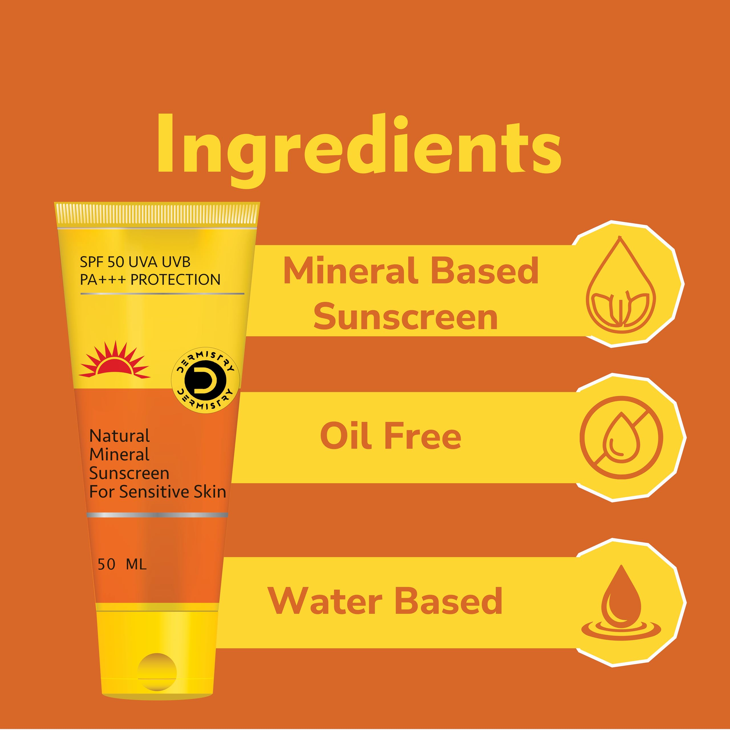 Dermistry Natural Mineral-Based Oil-Free Pollution Protect Water-Based Sunscreen SPF 50 for Sensitive Skin | UVA/UVB PA+++ Protection | Water-Resistant | 50ml | Ideal for Outdoor Activities, Beach, Swimming & Daily Use for Men, Women & Kids