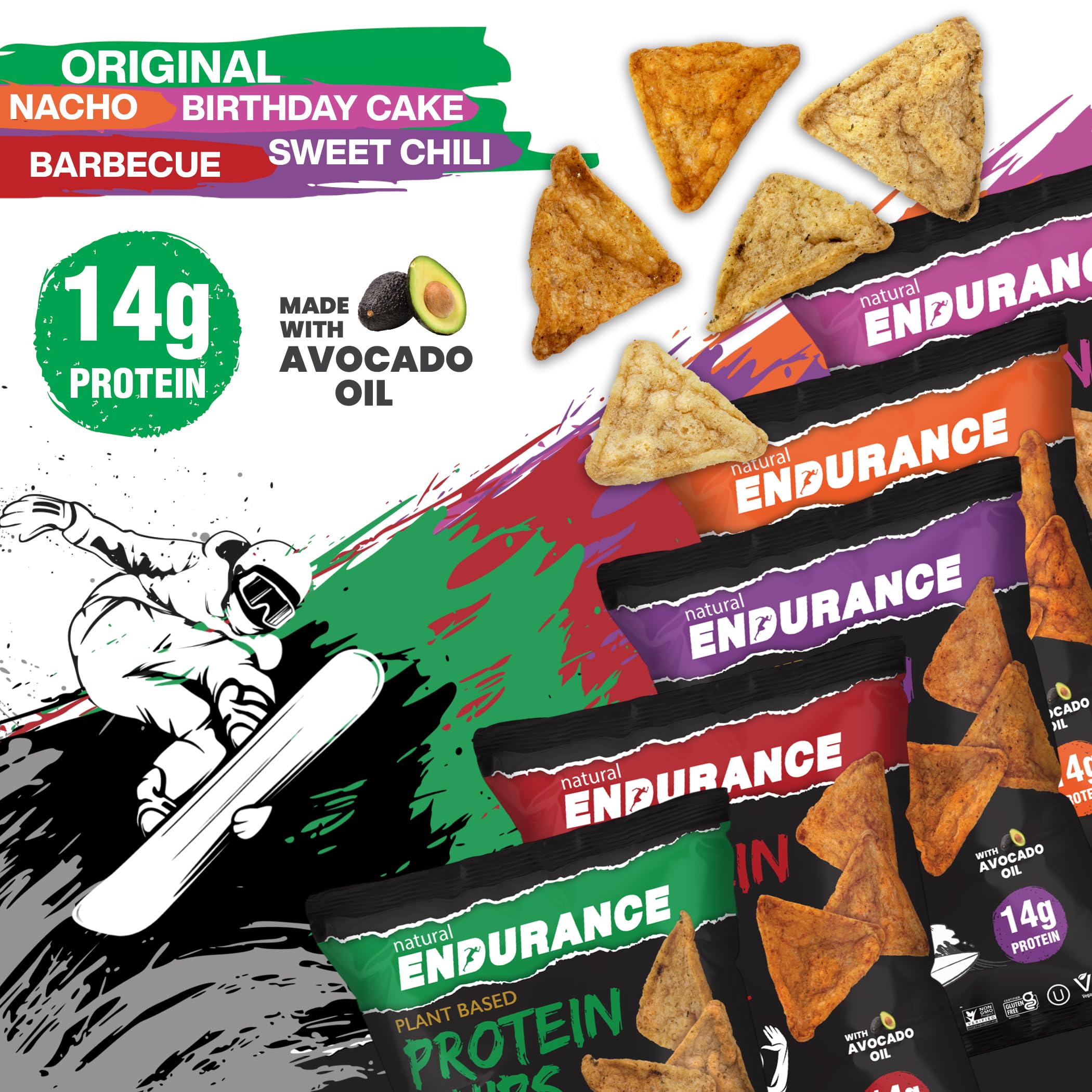 Natural Endurance Protein Chips - Low Carb High Protein Vegan Snacks with Avocado Oil, 14g Protein Per Bag, Gluten Free, Nacho BBQ Chili Birthday Cake Original Flavors - Variety Pack (12 x 1.38oz) for Gym, Hiking, Keto Diet & Healthy On-the-Go Snacking