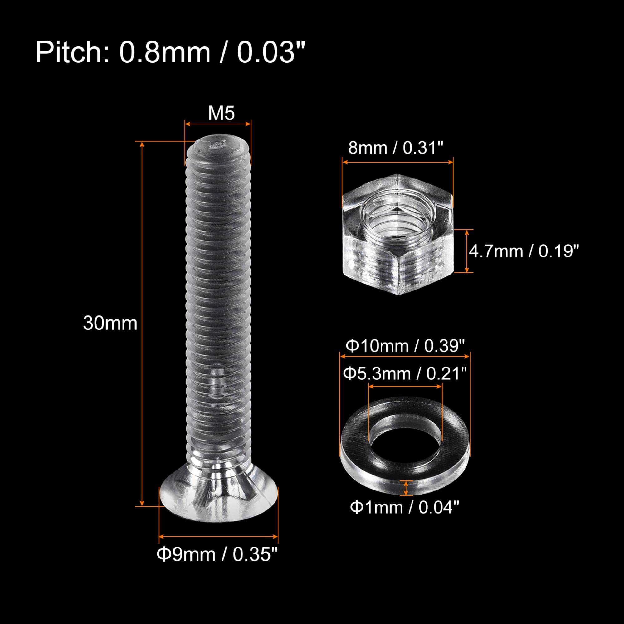 uxcell M5 x 30mm Transparent Plastic Phillips Machine Screws with Nuts & Washers - 20 Sets for PC, Electronics, DIY Projects & Home Repair