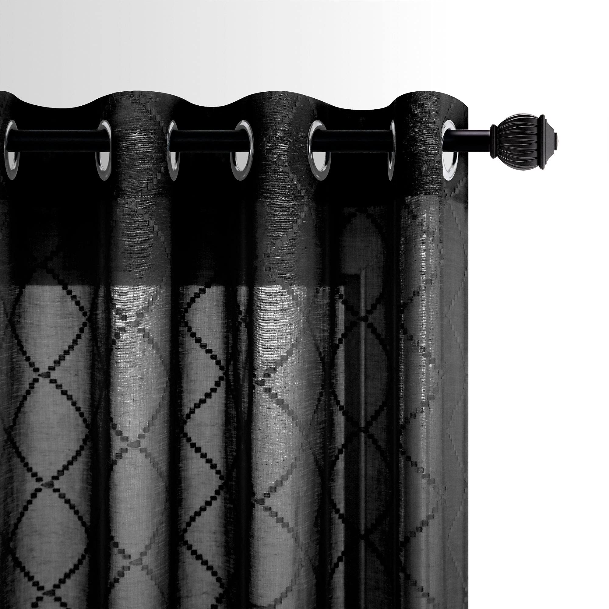Black Sheer Curtains 63 Inch Length - 2 Panels Set with Grommet Top, Geometric Lace Diamond Pattern for Bedroom, Living Room & Teen Girls Room Decor | Light Filtering Window Treatments for Privacy & Aesthetic Home Design