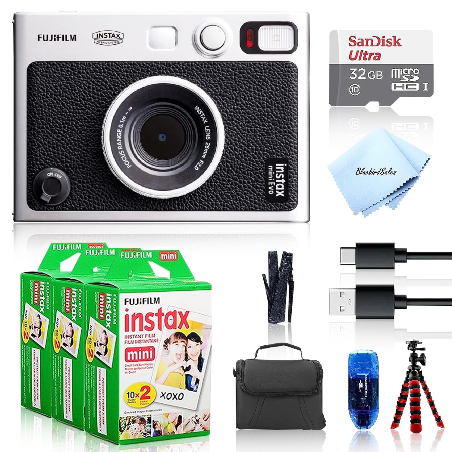 Fujifilm Instax Mini EVO Hybrid Instant Camera (Black) - Bundle with 60 Film Sheets, 32GB SD Card, Case, Tripod & Accessories - Perfect for Travel, Parties & Capturing Memories