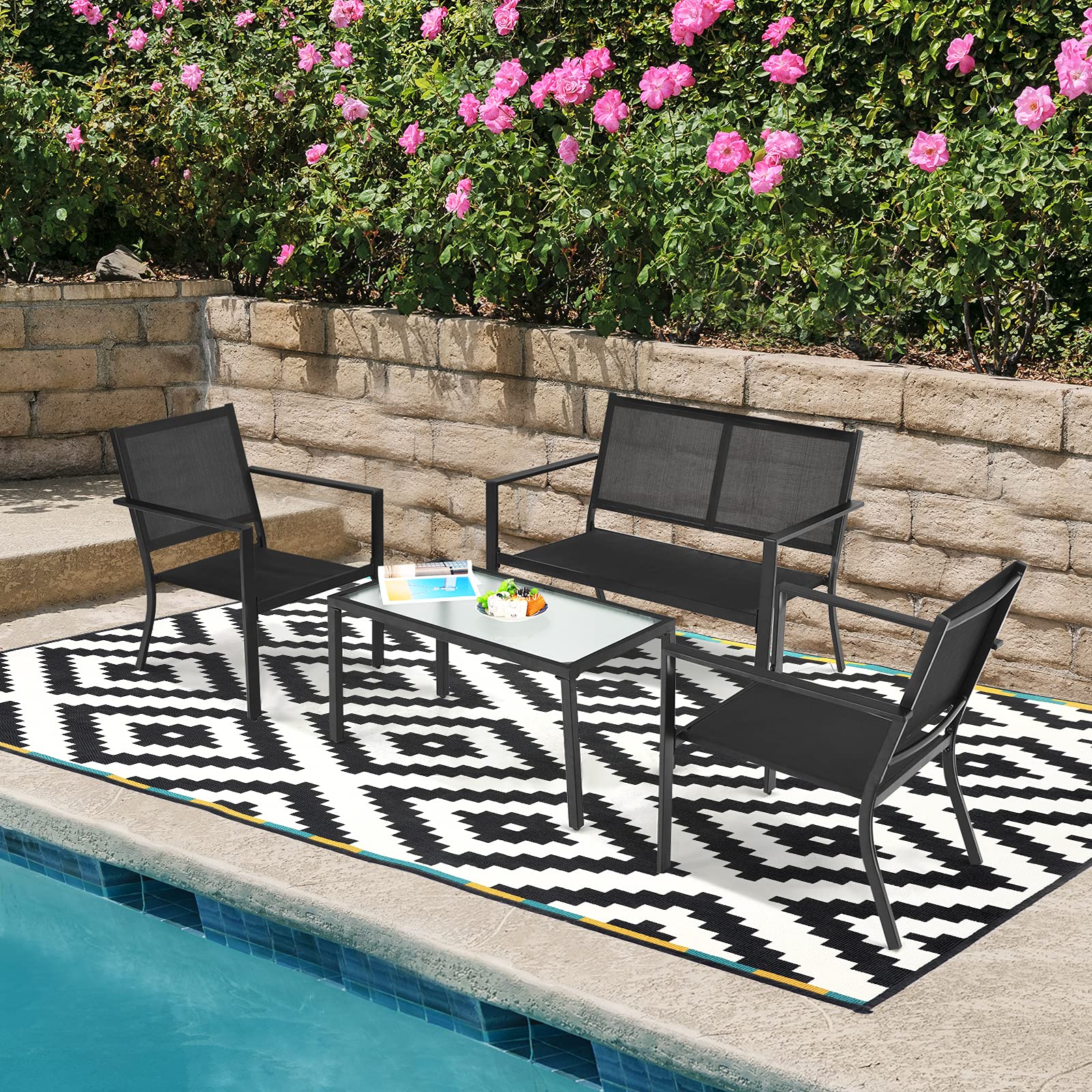 Giantex 4-Piece Patio Furniture Set - Outdoor Conversation Set with Loveseat Bench, 2 Chairs & Tempered Glass Coffee Table - Bistro Dining Set for Porch, Lawn, Garden, Poolside - Perfect for Backyard Relaxation, Outdoor Entertaining & Summer Gatherings
