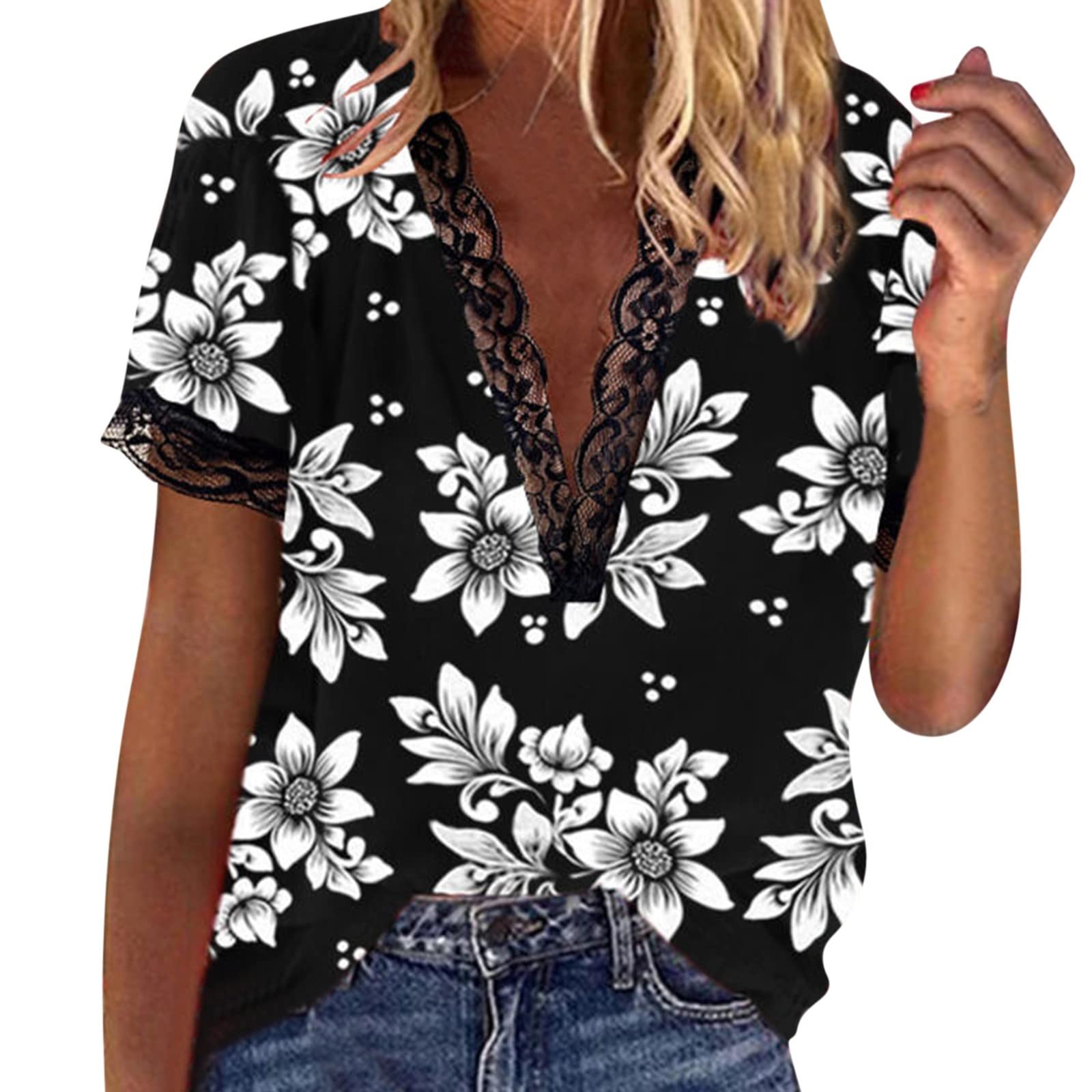 Women's Fashion Lace Trim V-Neck Floral Print Short Sleeve Blouse - Trendy Cute Tops for Casual Wear, Summer Outfits & Date Nights