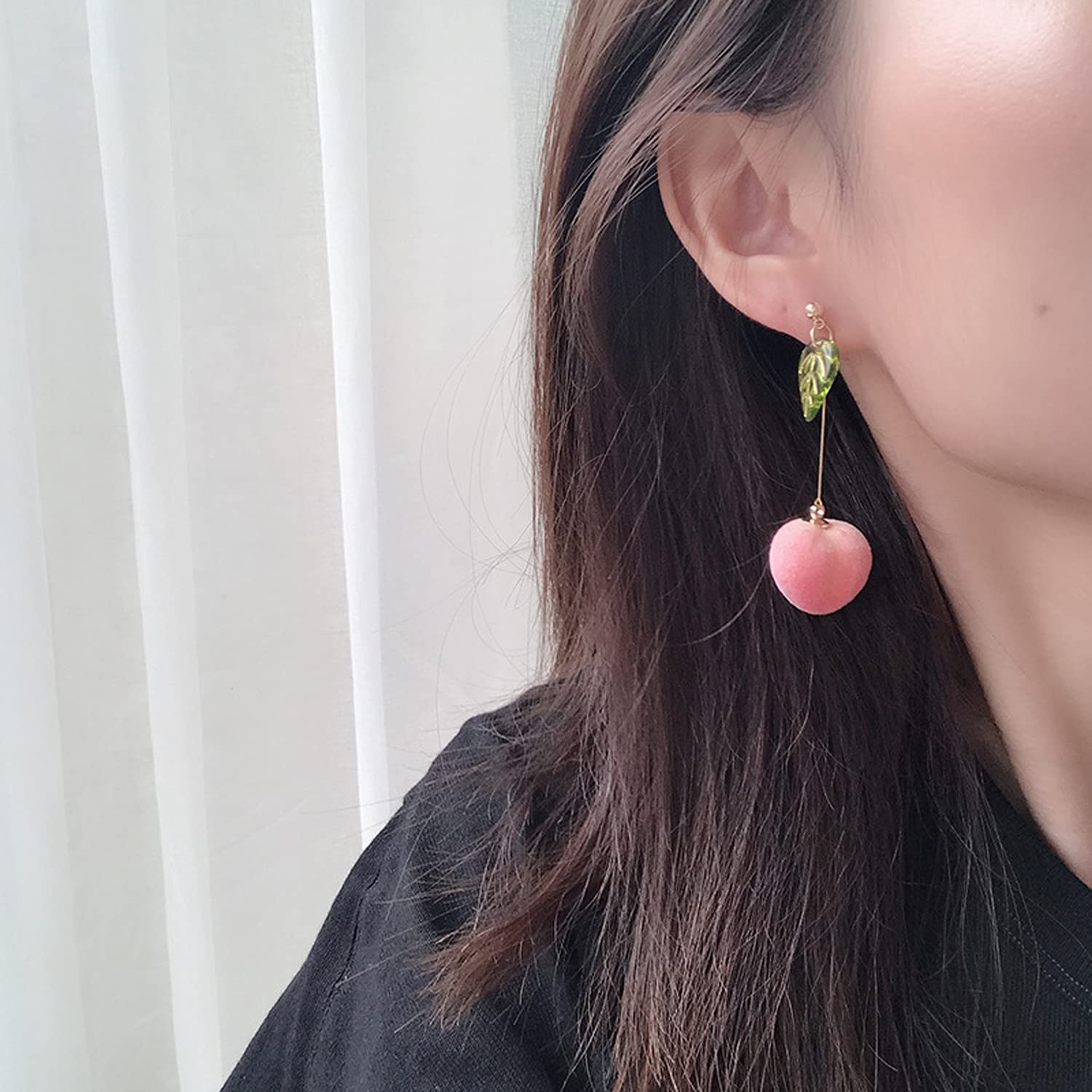 Lightweight Lifelike Pink Peach with Leaf Dangle Drop Earrings - Cute Fruit Jewelry for Women, Girls & Teens - Perfect Gift for Summer, Parties & Everyday Wear