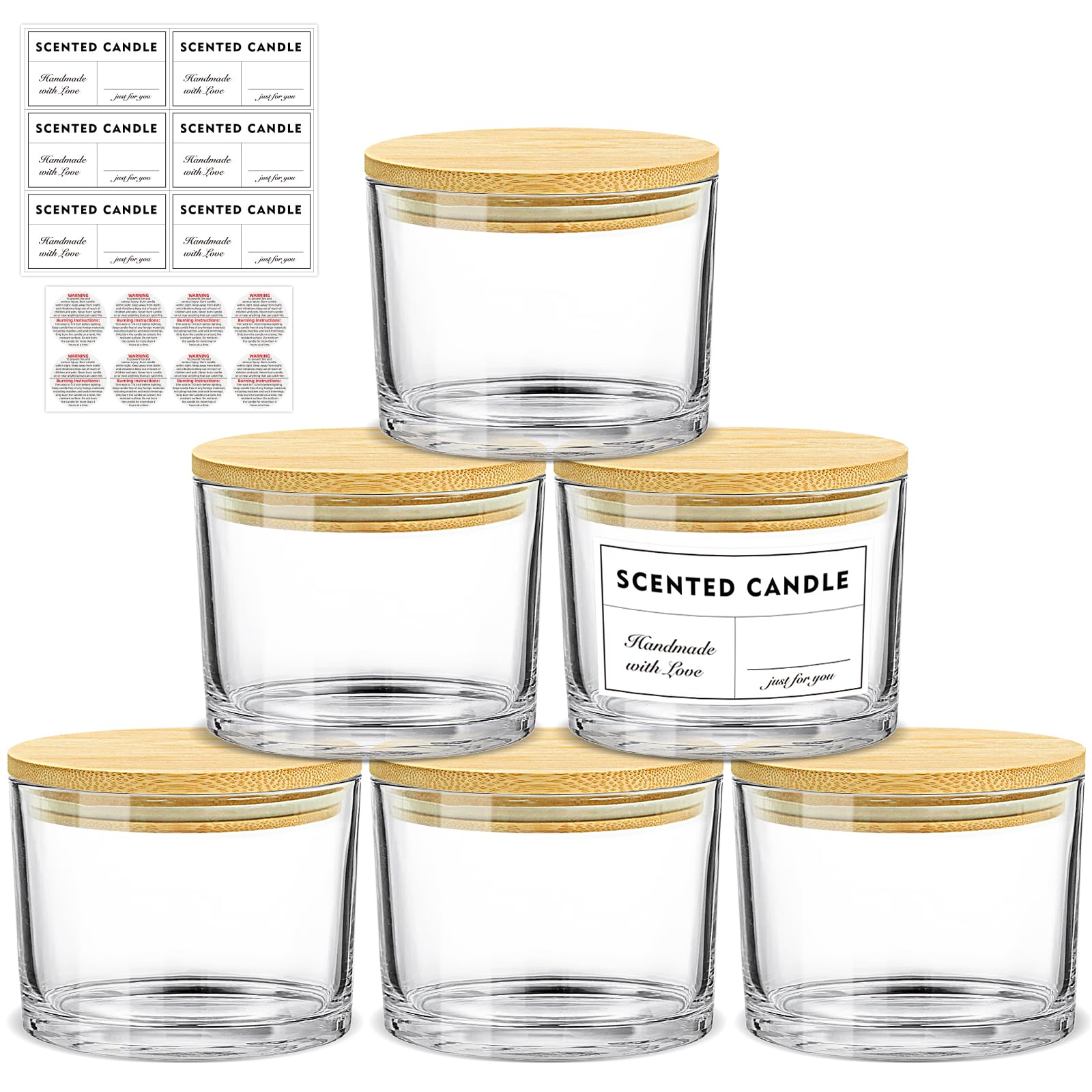 16oz Candle Jars 6 Pack - 3 Wick Large Empty Clear Glass Candle Making Containers with Bamboo Lids, Includes Stickers & Labels - Bulk DIY Candle Supplies for Home, Wedding, Spa & Gift Giving - Dishwasher Safe