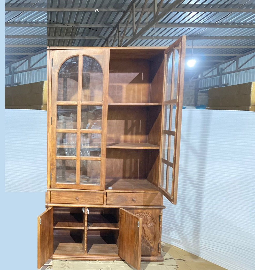 Hand Carved Large Wooden Menagerie Display Cabinet with Glass Doors - Perfect for Showcasing Collectibles, Antiques & Home Decor