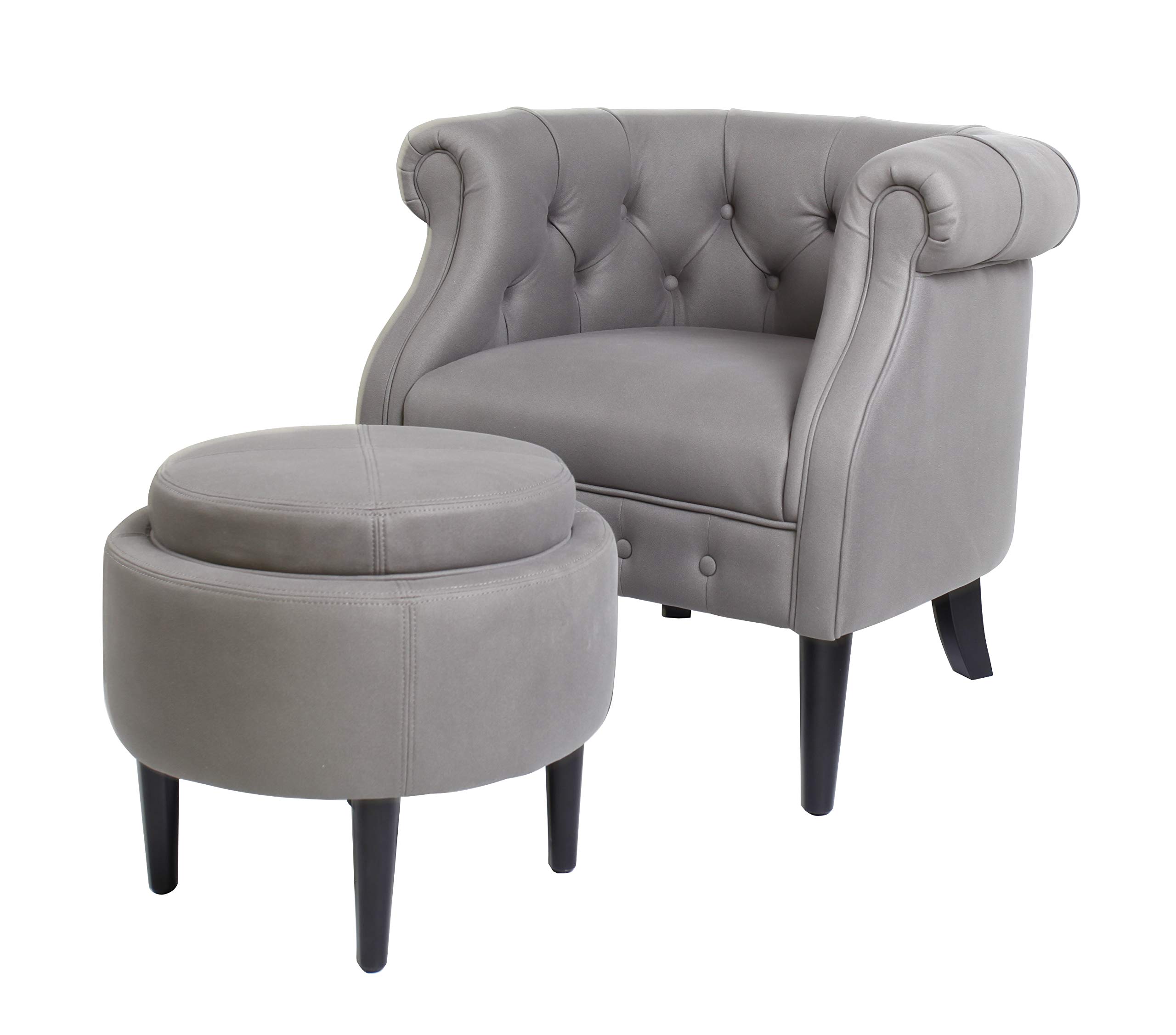 Modern Upholstered Barrel Accent Chair with Storage Ottoman - 2-in-1 Convertible Footrest/Side Table - Grey Club Chair for Living Room, Bedroom or Office - Comfortable Lounge Seating with Hidden Storage Space