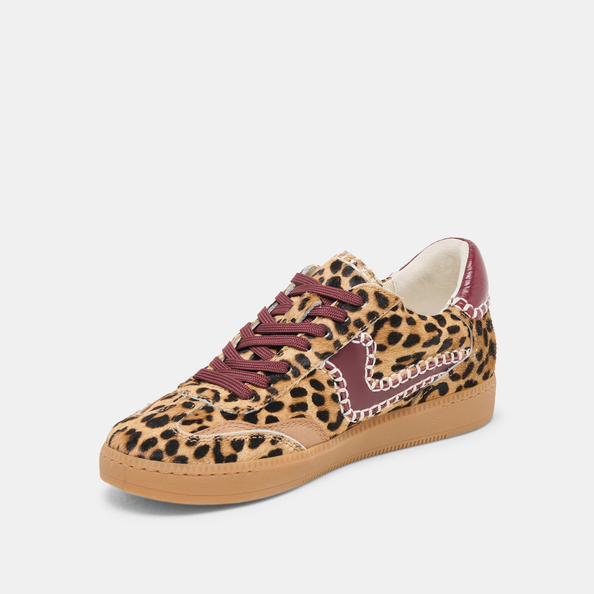 Stylish Notice Stitch Sneakers in Burgundy Leopard Calf Hair - Fashionable Women's Casual Shoes for Everyday Wear & Street Style