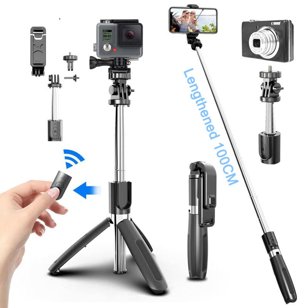Foldable Selfie Stick Tripod with Wireless Bluetooth Remote - 39 Inch Extendable Handheld Monopod for iPhone, Android Smartphones & GoPro Action Cameras - Perfect for Travel, Vlogging & Outdoor Adventures