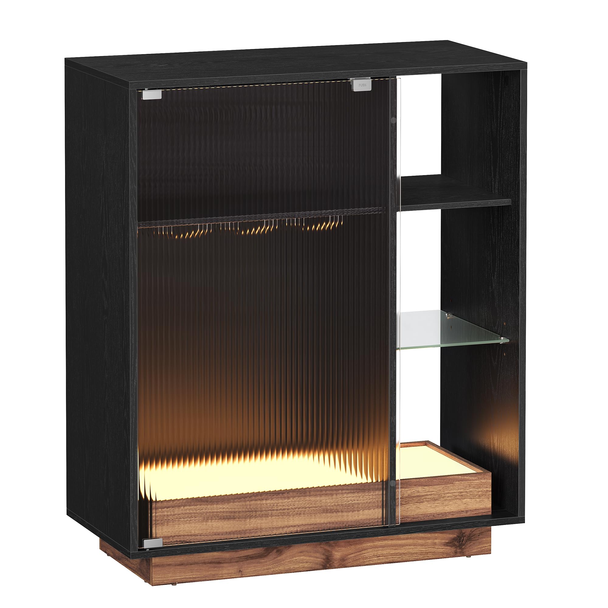 VASAGLE LED Wine Bar Cabinet with Glass Holder and Reeded Glass Door - Modern Sideboard for Wine Storage, Liquor & Coffee Bar - Perfect for Living Room, Dining Room or Home Bar - Ebony Black UBBK361B01