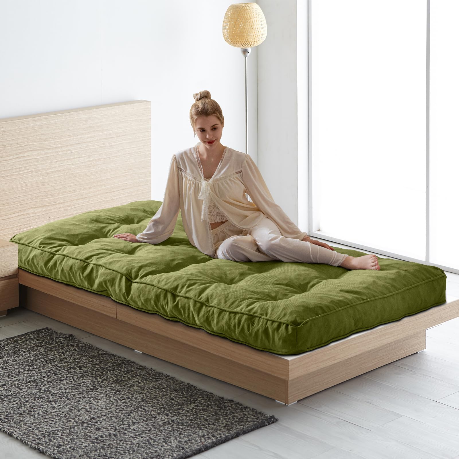 YOSHOOT 6 Inch Queen Size Futon Mattress - Thick Shredded Foam Sofa Bed for Adults - Medium Firm Floor Mattress - Green (Frame Not Included) - Perfect for Guest Beds, Small Apartments & Dorm Rooms