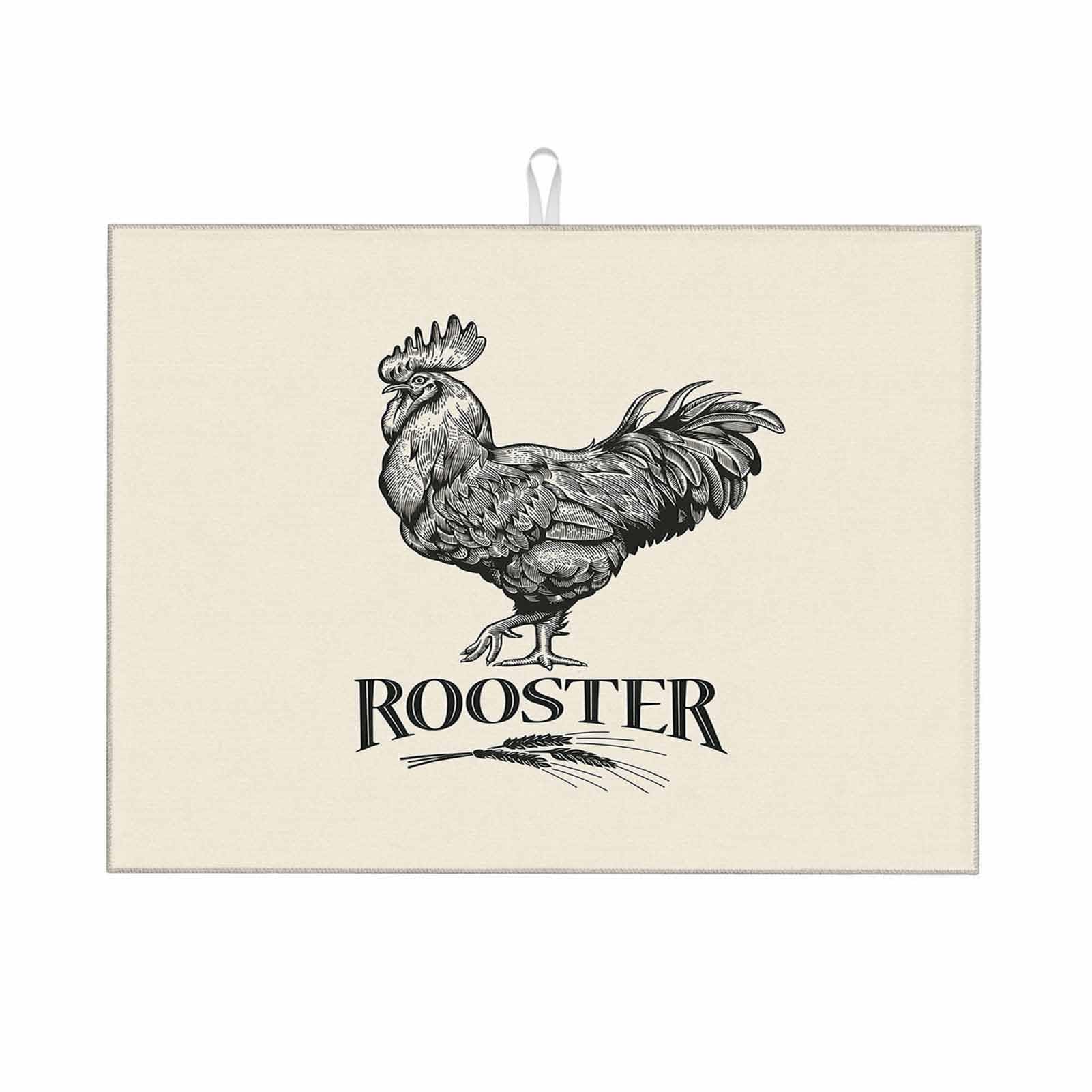 18x24 Inch Vintage Rooster Cock Dish Drying Mat - Super Absorbent Microfiber Kitchen Counter Mat for Dishes, Utensils & Cookware - Perfect for Kitchen Countertops, Sink Areas & Dish Racks