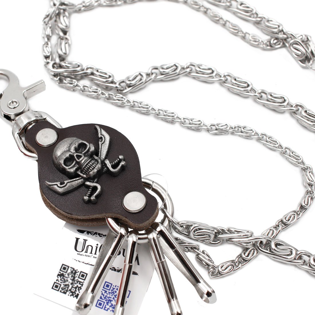 Round Skull Sword Charm Double Wallet Chain - Punk Biker Keychain for Men & Women - Brown Leather Key Ring - Perfect for Motorcycle Keys, Wallets & Backpacks