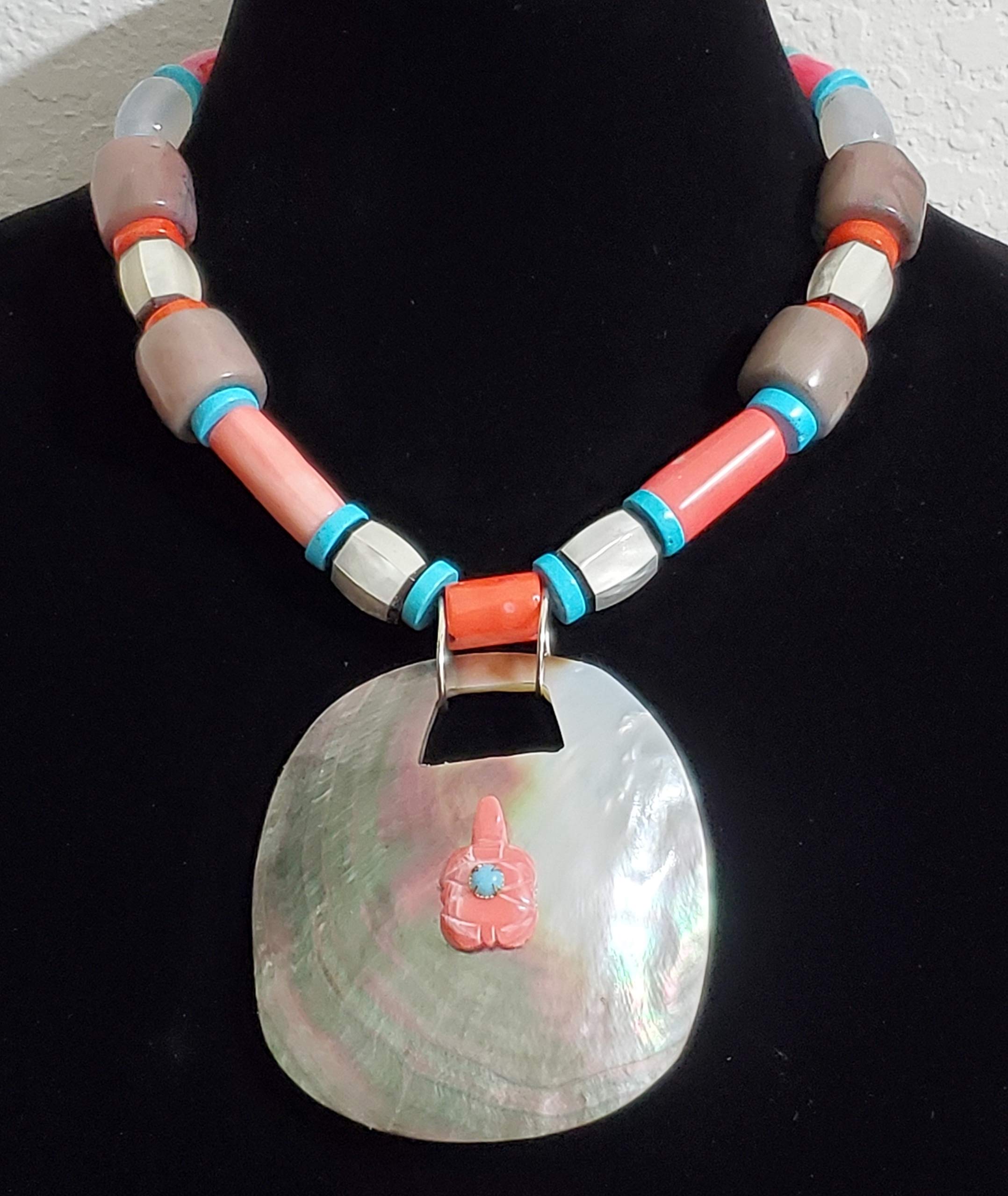 Handmade Black Lip Mother of Pearl Coral Turquoise Turtle Necklace and Earrings Set - Unique Gemstone Jewelry for Women - Perfect for Beach Parties, Boho Fashion & Gift Giving