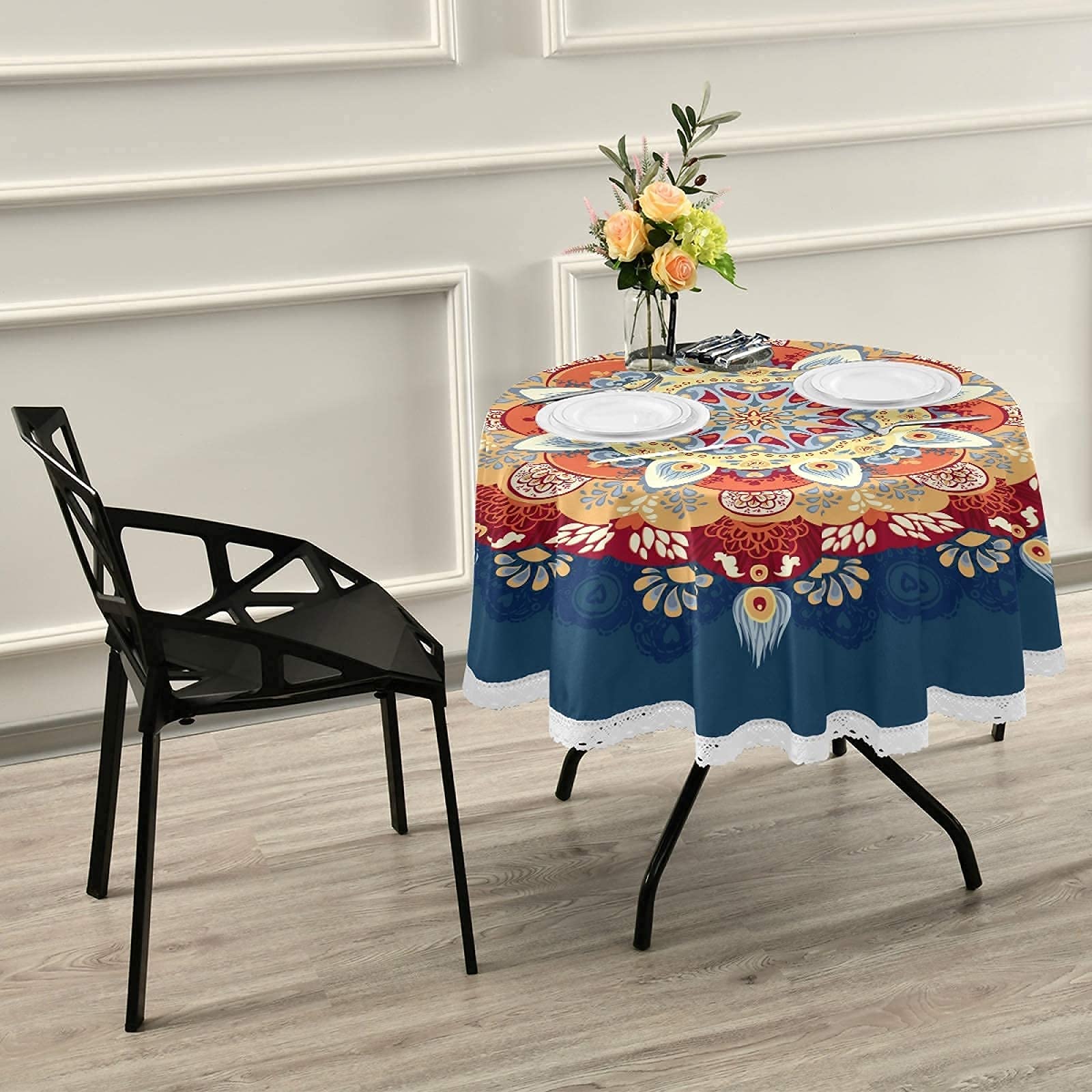 ALAZA Blue Boho Mandala Round Tablecloth 60 Inch - Waterproof Oilcloth Picnic Table Cover with Floral Lace Trim for Dining, Kitchen, Outdoor, Party & Wedding Decor