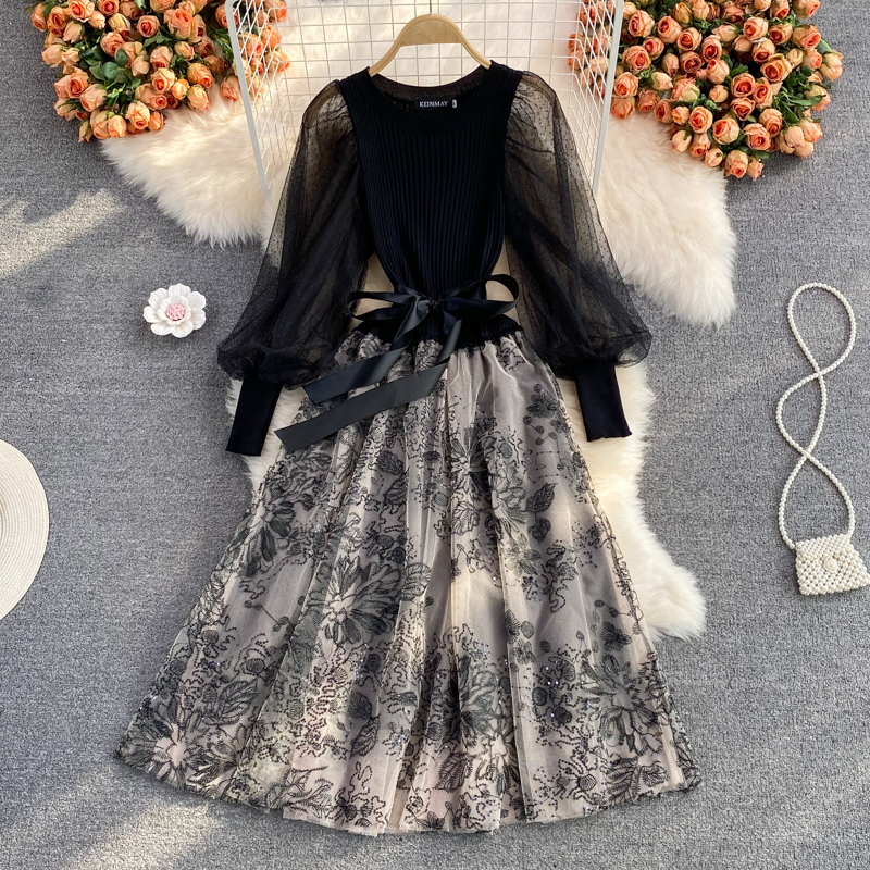 Elegant Autumn Mesh Knit Puff Sleeve Round Neck Dress for Women - Casual Fall Outfit for Parties, Dates & Office Wear