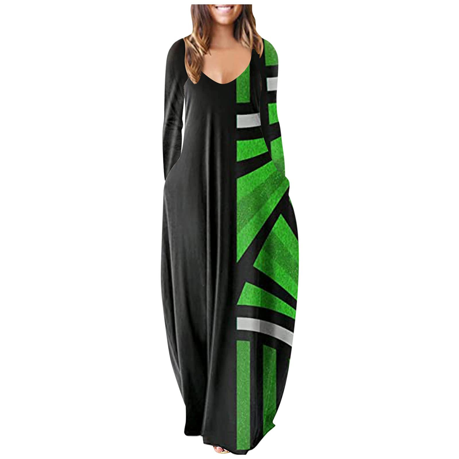 Women's Floral Print Casual Maxi Dress - Sexy V Neck Bohemian Long Dress with Pockets for Summer Beach Vacation & Outdoor Parties