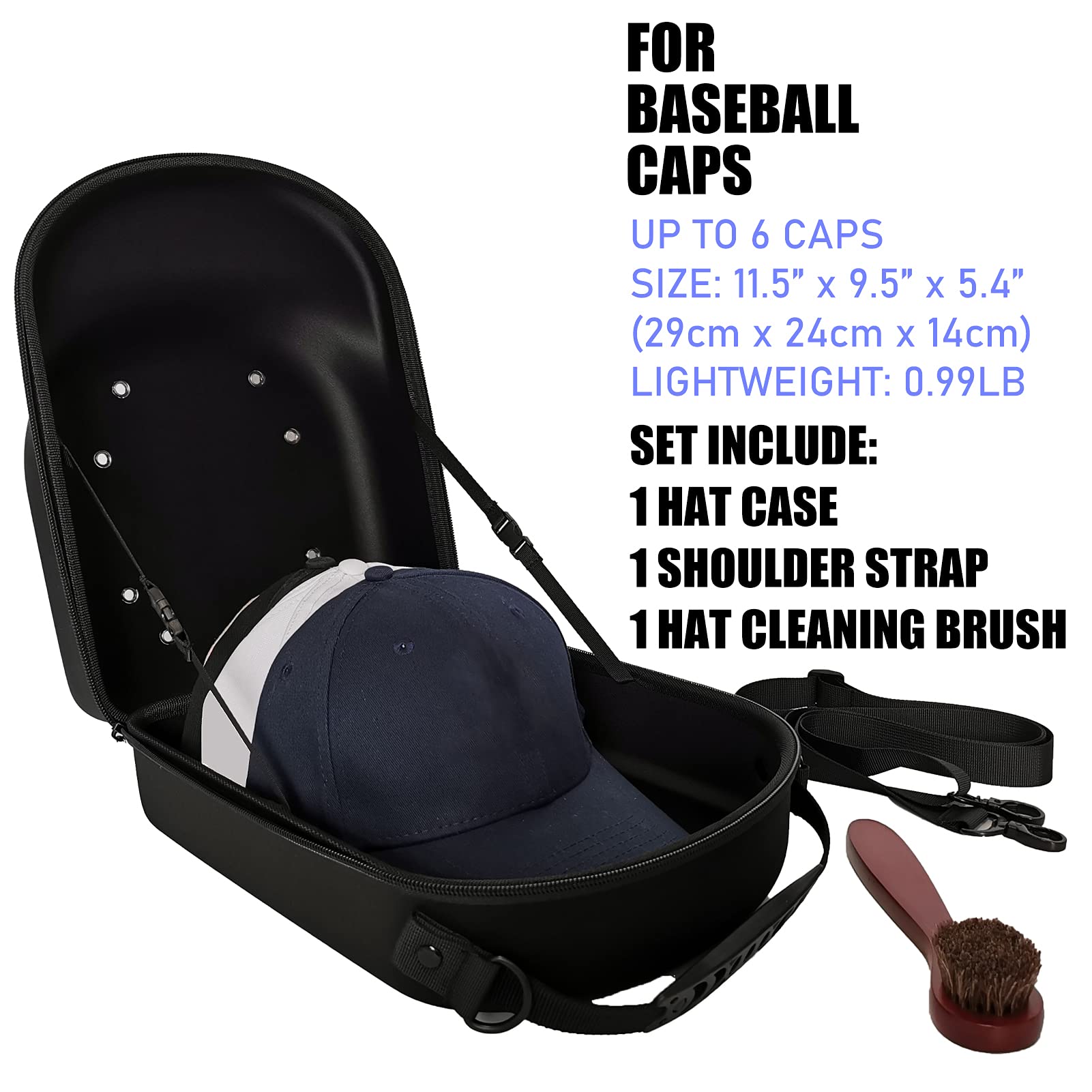 Baseball Cap Travel Case - Hat Protector Carrier for 1-6 Hats with Shoulder Strap & Cleaning Brush | Durable Storage Bag for Baseball Caps, Fedoras & Sun Hats | Perfect for Travel, Camping & Sports Events (Black)