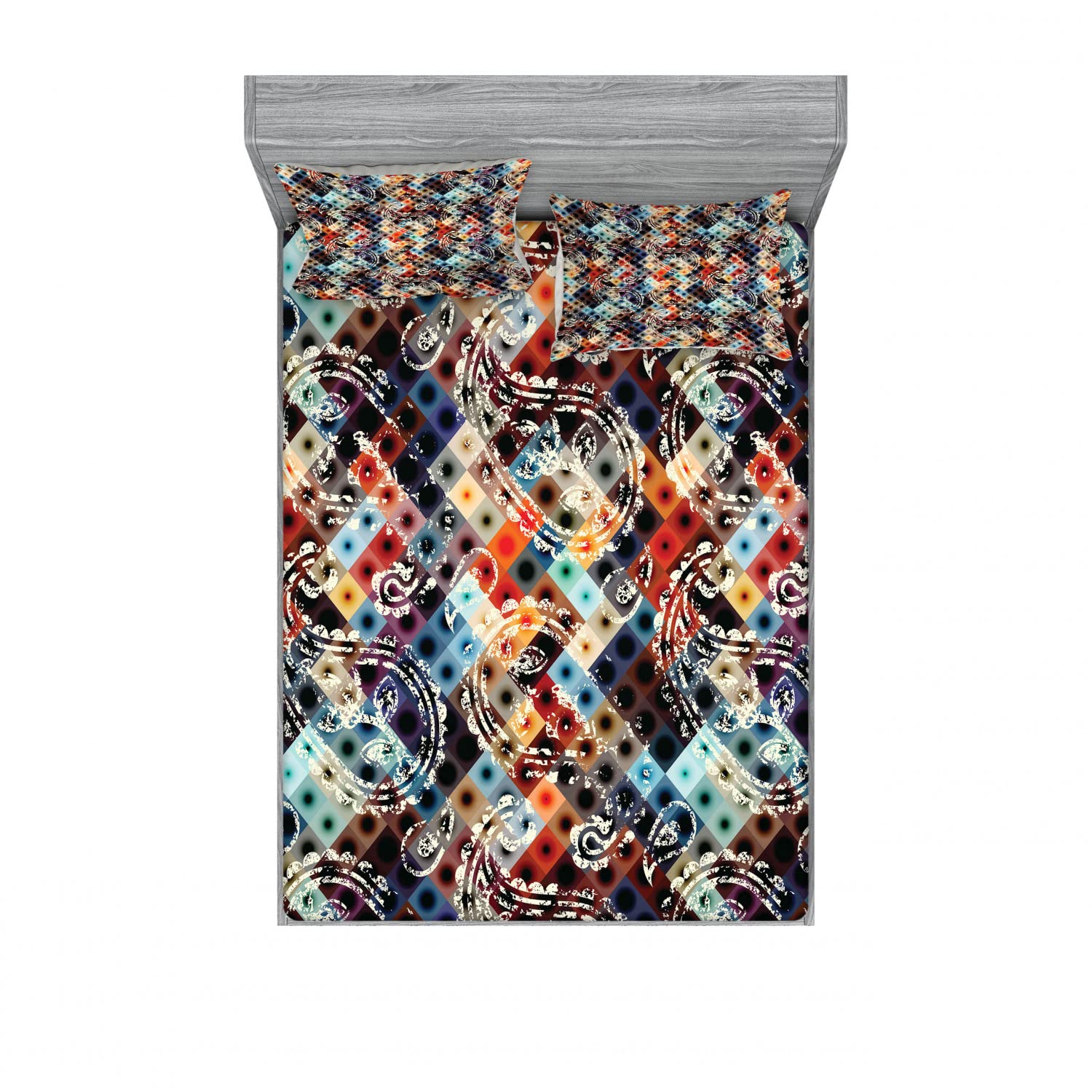 Ambesonne Modern 2-Pack Full Size Fitted Sheet Set with 4 Pillow Shams - Paisley Spot Pattern Multicolor Bedding - Soft Wrinkle-Resistant Sheets for Guest Rooms, Dorms & Cozy Bedroom Decor