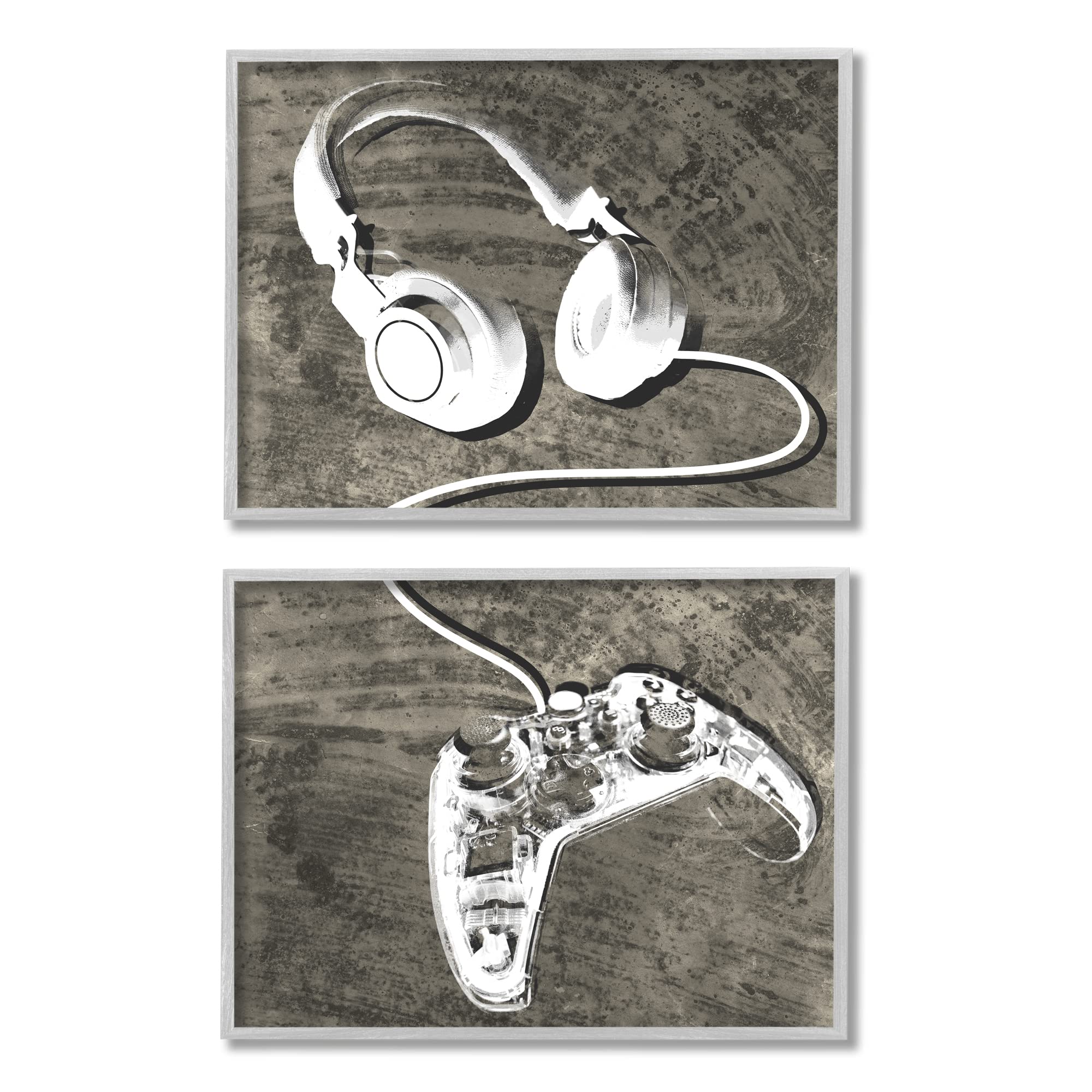 Stupell Industries Rustic Headphones & Video Game Controller Wall Art for Kids' Room Decor - 30x24 Inch Gray Framed Print by Daphne Polselli - Perfect for Gamer Bedroom, Playroom & Teen Hangout Spaces