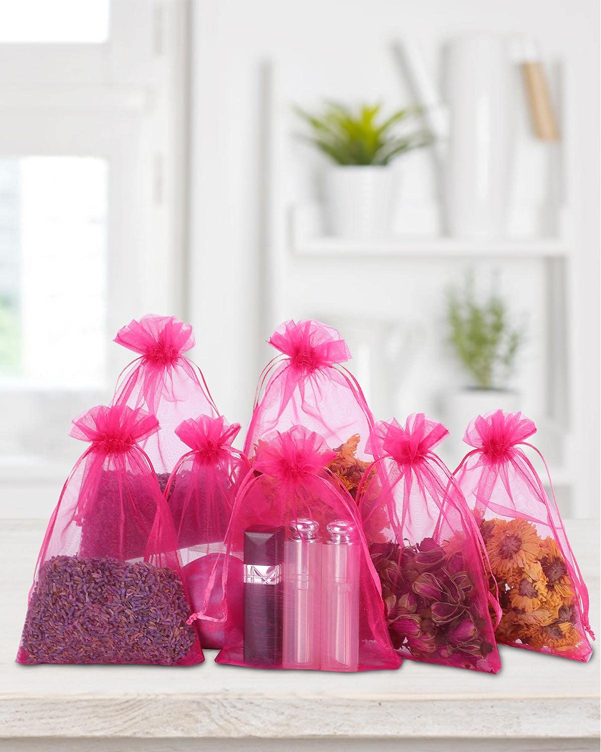 100PCS 4x6 Inch Sheer Organza Drawstring Bags - Small Jewelry Gift Bags for Wedding Favors, Party, Candy, Bracelet Packaging - Empty Mesh Sachet Bags (Hot Pink) | Perfect for Small Business, DIY Crafts & Event Giveaways