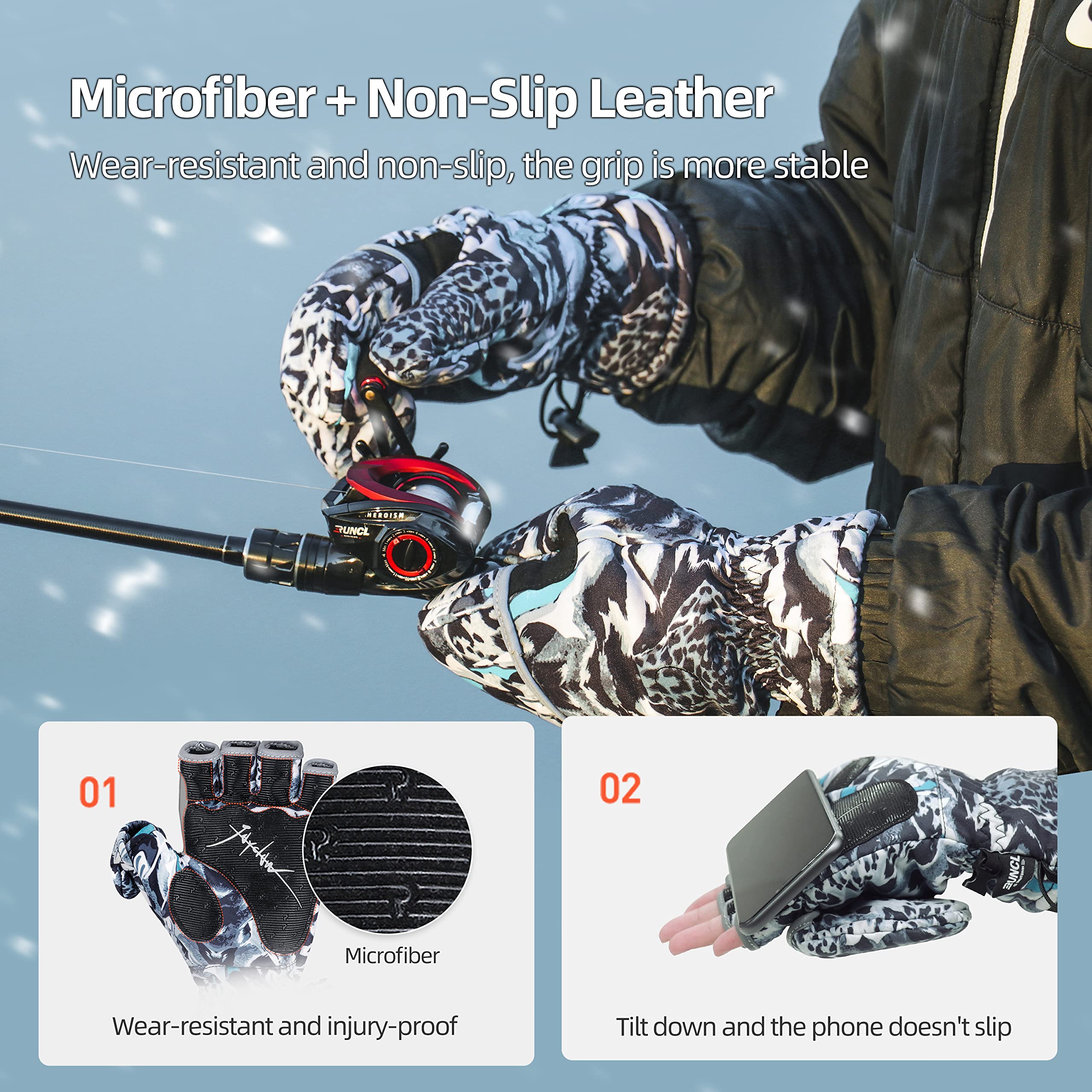 RUNCL Convertible Ice Fishing Gloves - 3M Thinsulate Winter Mittens with Flip Fingerless Design for Men & Women | Windproof Cold Weather Gloves for Fishing, Photography, Kayaking & Outdoor Winter Activities