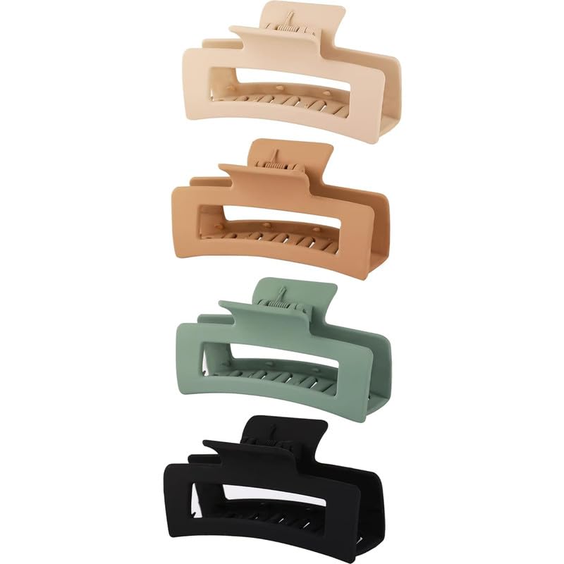 BELICIA 4 Pack Large Non-Slip Hair Claw Clips for Women & Girls - Rectangle Hair Clips for Thick & Thin Hair - Multi Color Hair Accessories for Daily Use, Work, School & Travel