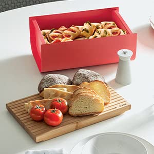 Alessi BG03 R Mattina Bread Box - Stainless Steel with Epoxy Resin & Bamboo Cutting Board - Red - Perfect for Kitchen Storage & Countertop Organization