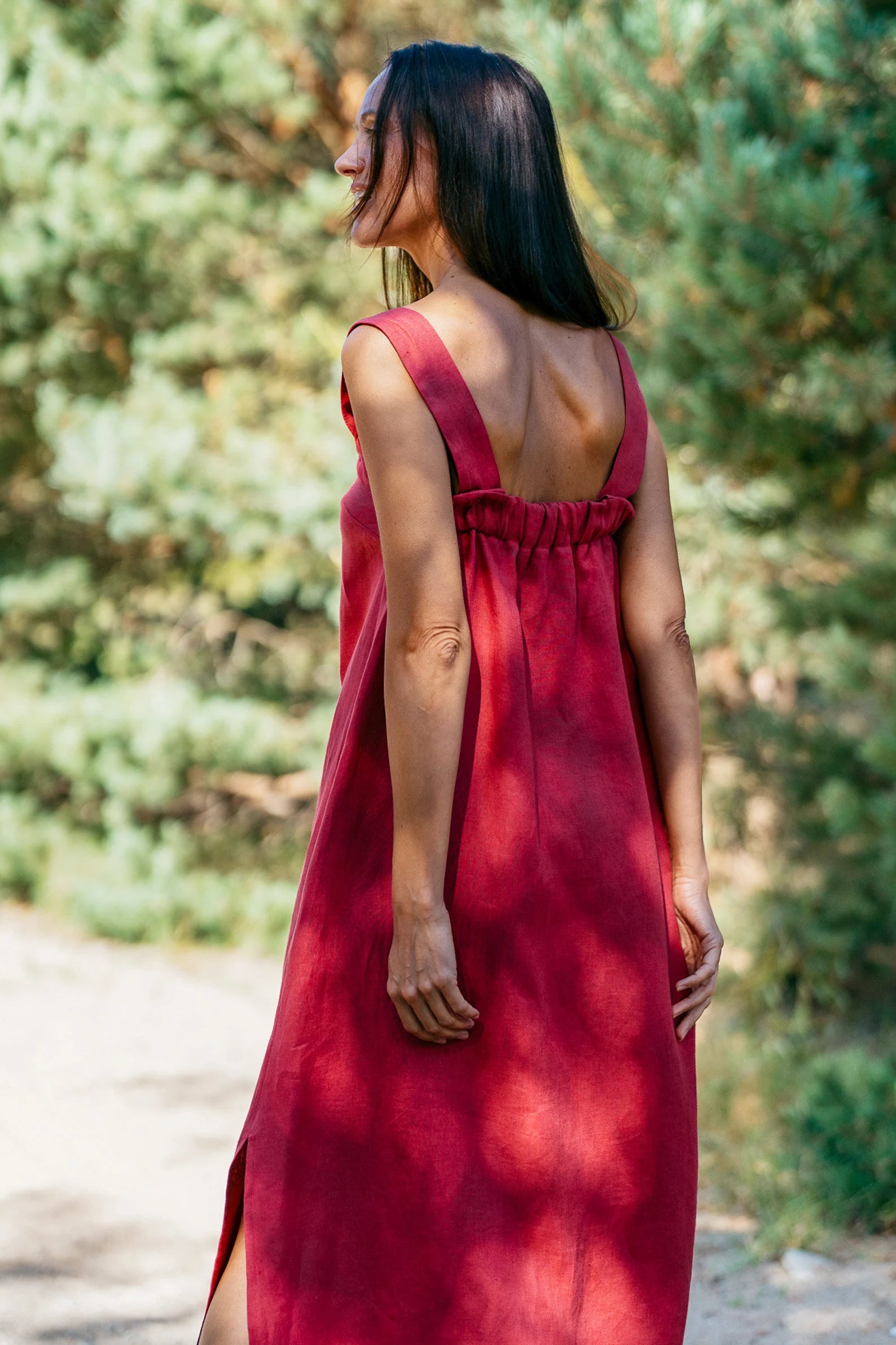 Elegant Linen Strap MAXI Dress ADELE in Raspberry - Perfect for Summer Beach Vacations, Weddings & Casual Outings