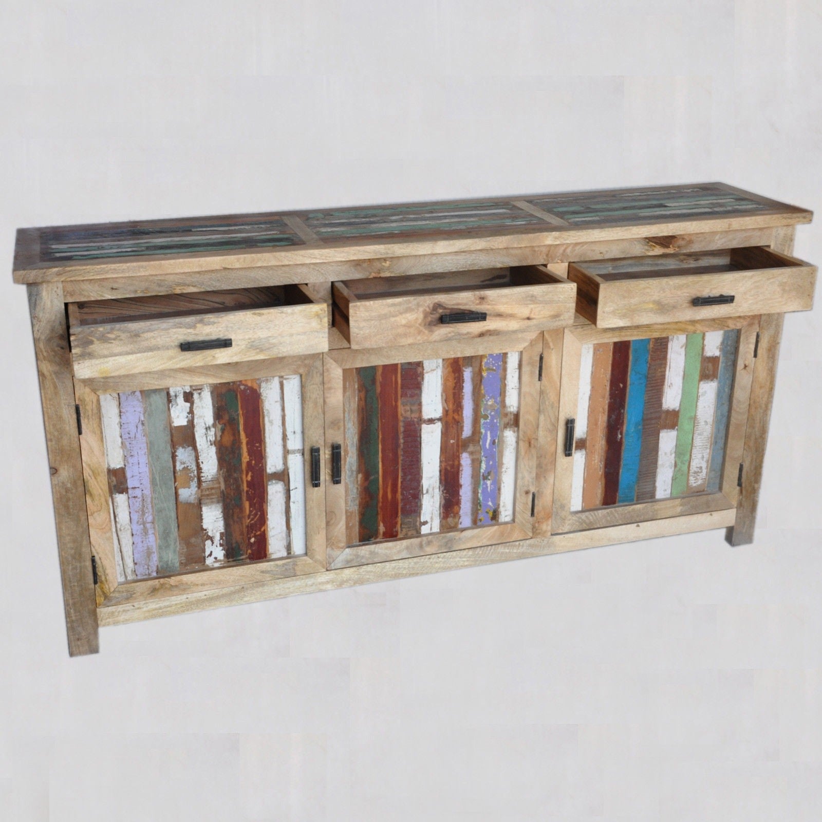 Reclaimed Wood & Mango Wood Large Sideboard Buffet Hutch - Natural Finish 180-200cm - Rustic Dining Room Storage Cabinet for Farmhouse Decor