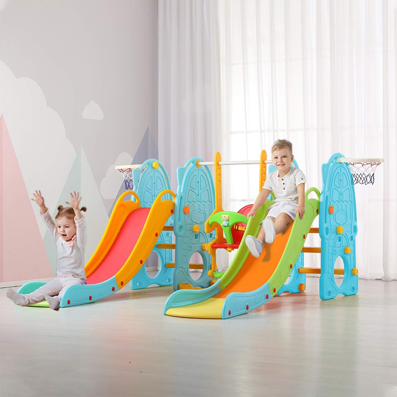 CY CY Airplane Double Slide Toddler Climbing & Swing Set with Music Player - Indoor & Backyard Playground for Kids (Multicolor) - Perfect for Outdoor Adventures & Backyard Fun